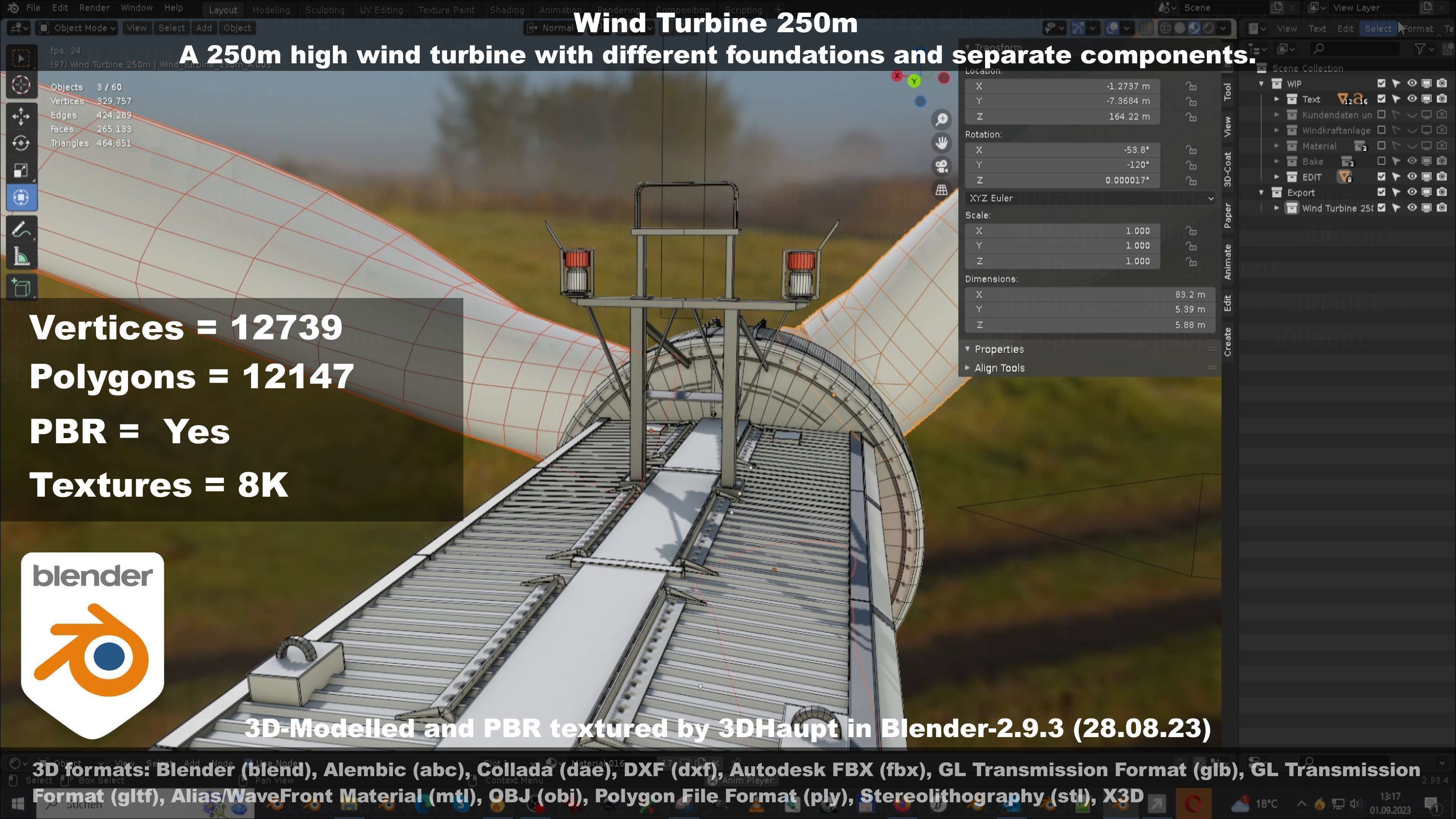 Low-Poly and Animated Wind Turbine 250m Low-poly 3D model_71