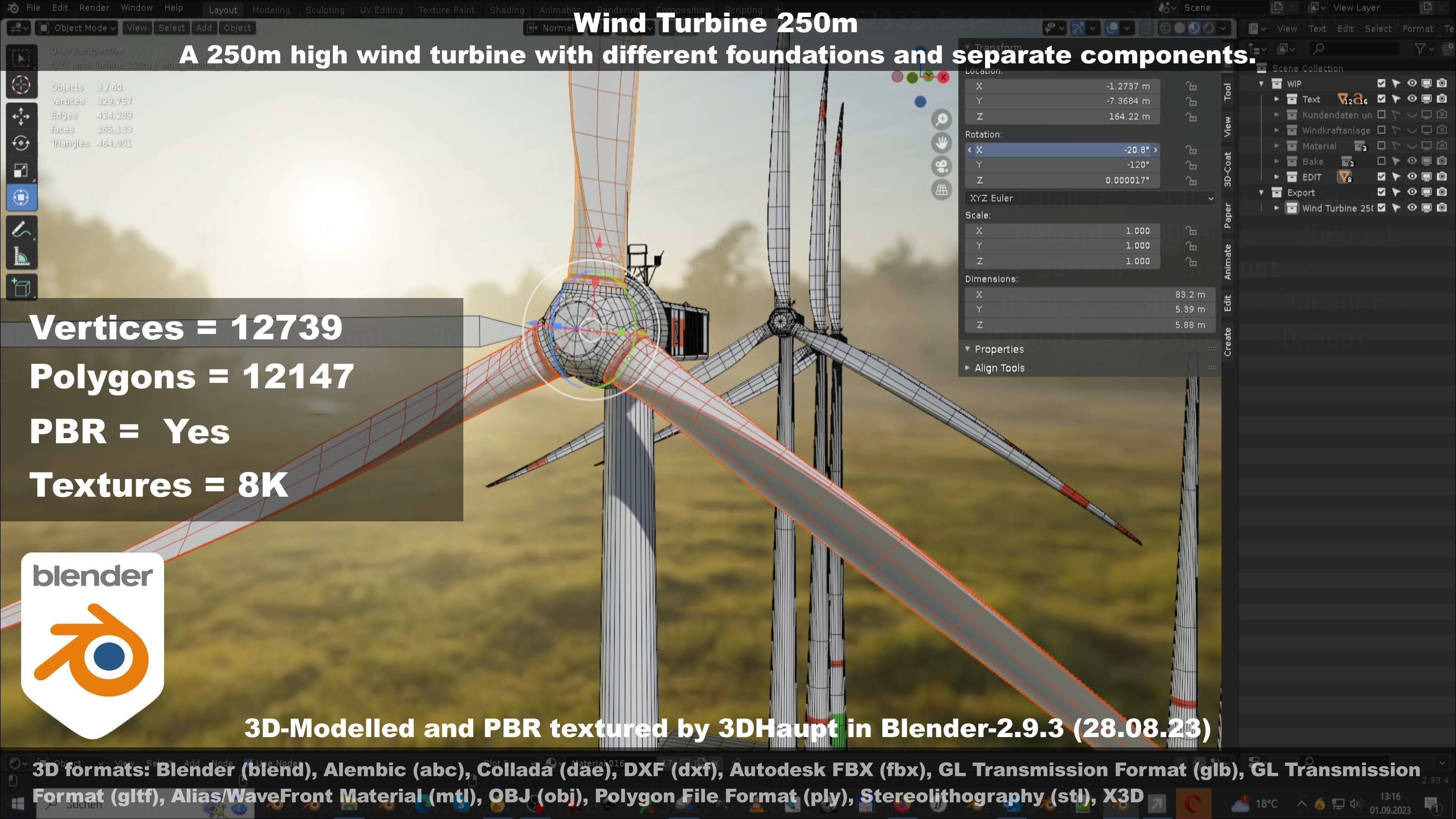 Low-Poly and Animated Wind Turbine 250m Low-poly 3D model_127