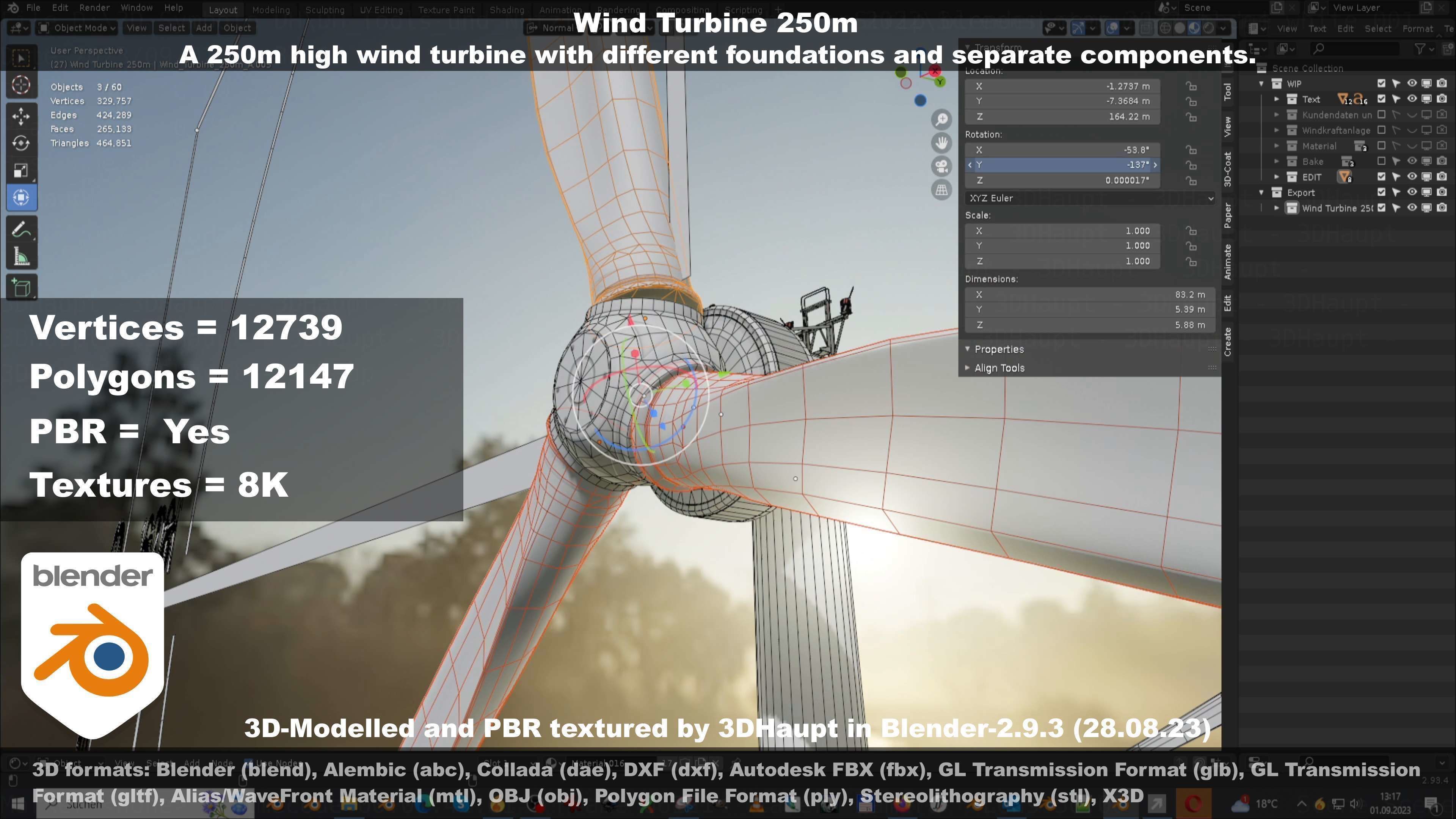 Low-Poly and Animated Wind Turbine 250m Low-poly 3D model_113