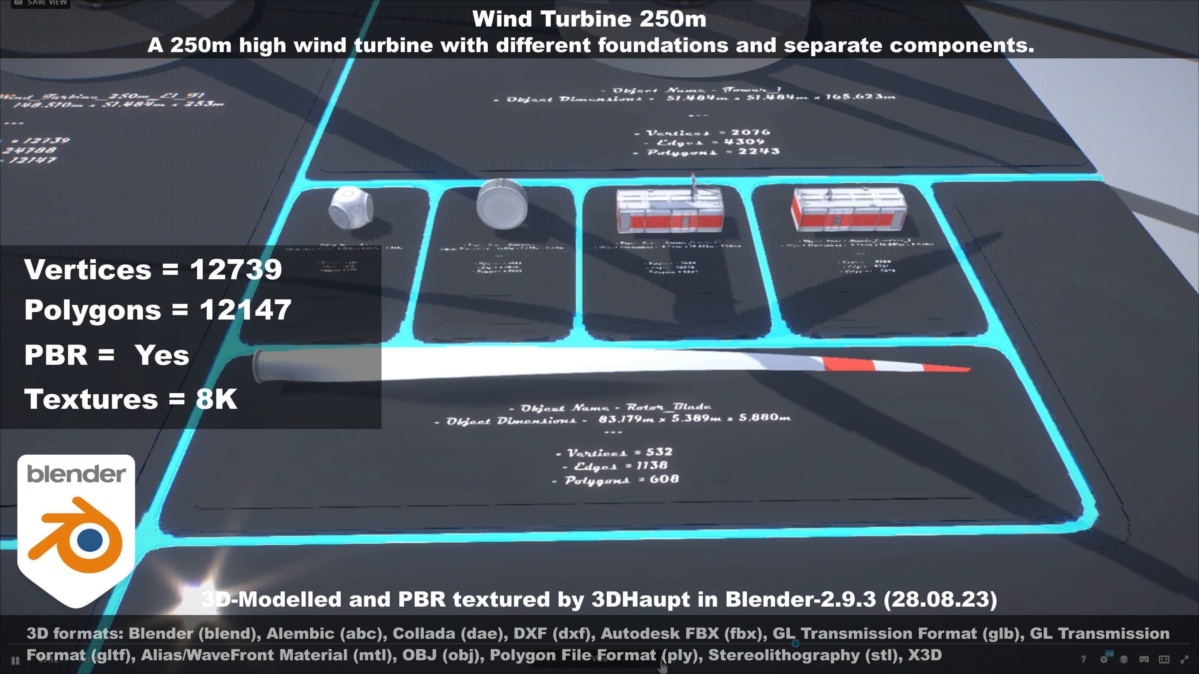 Low-Poly and Animated Wind Turbine 250m Low-poly 3D model_38