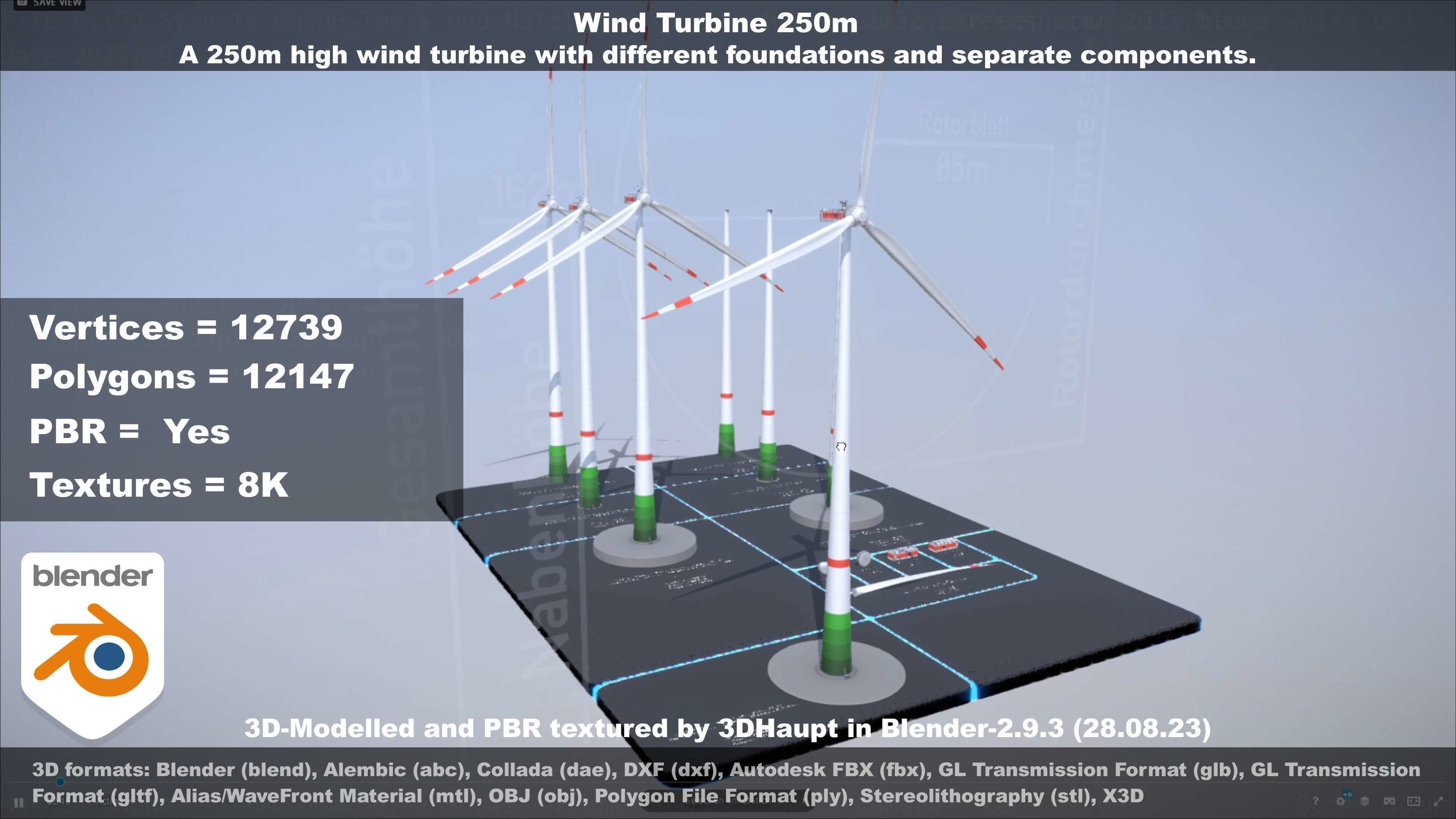 Low-Poly and Animated Wind Turbine 250m Low-poly 3D model_30