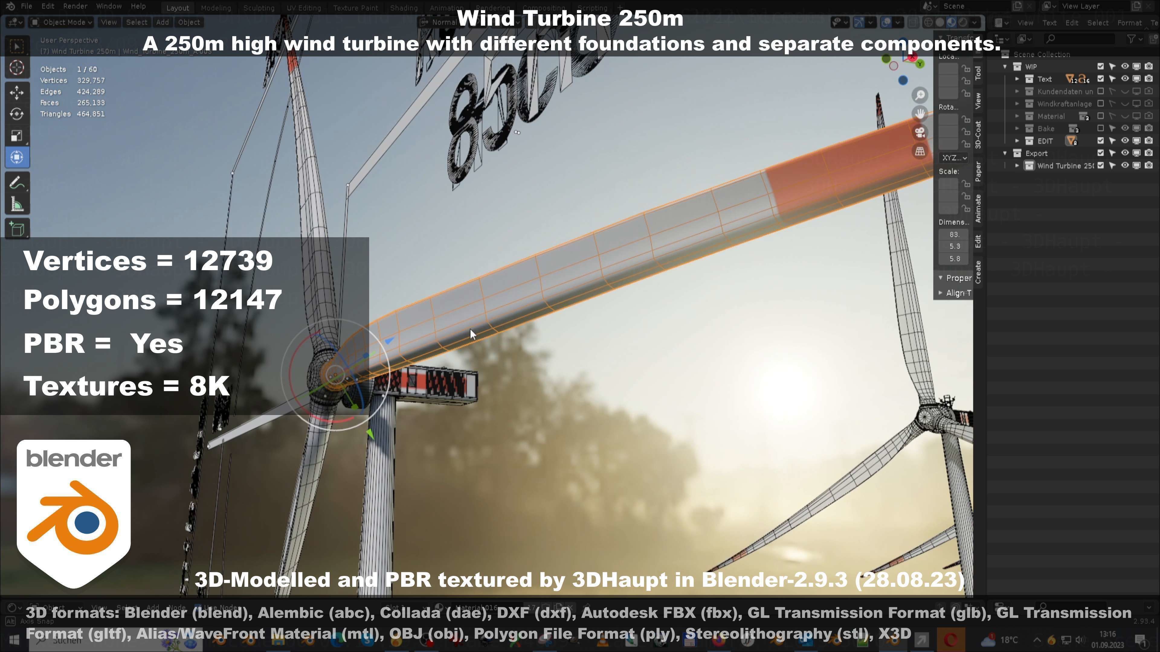 Low-Poly and Animated Wind Turbine 250m Low-poly 3D model_64