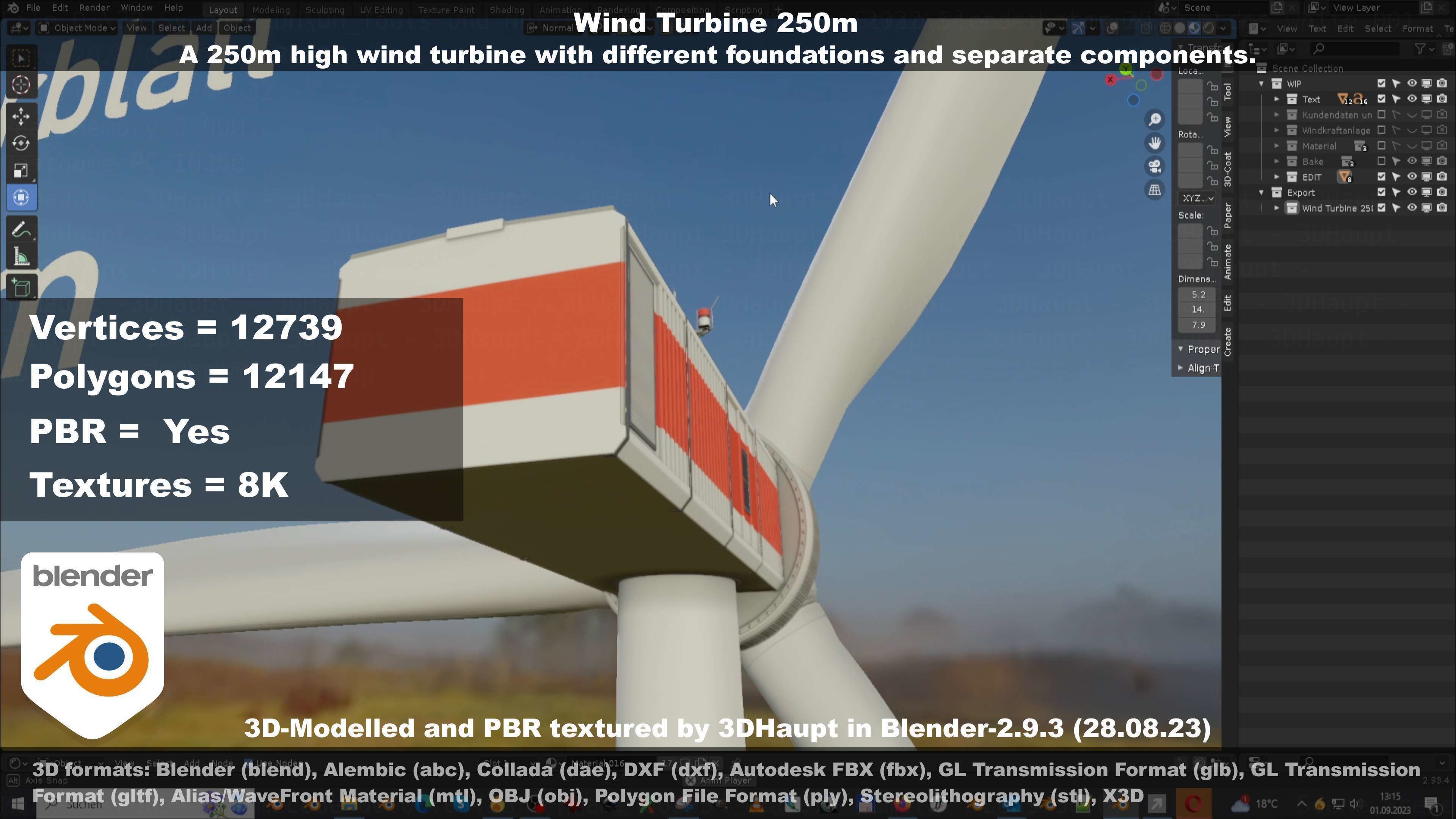 Low-Poly and Animated Wind Turbine 250m Low-poly 3D model_40