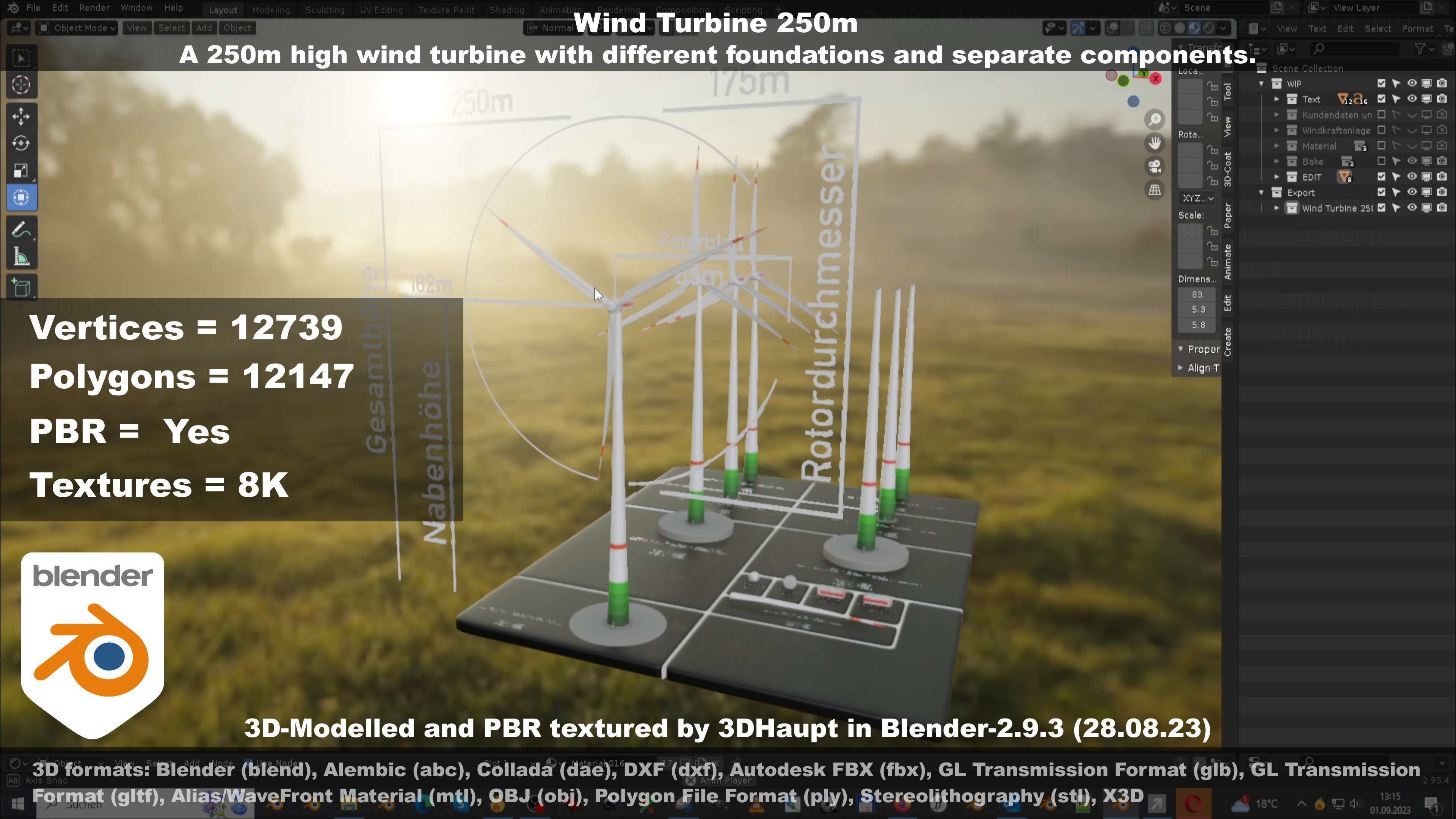 Low-Poly and Animated Wind Turbine 250m Low-poly 3D model_46