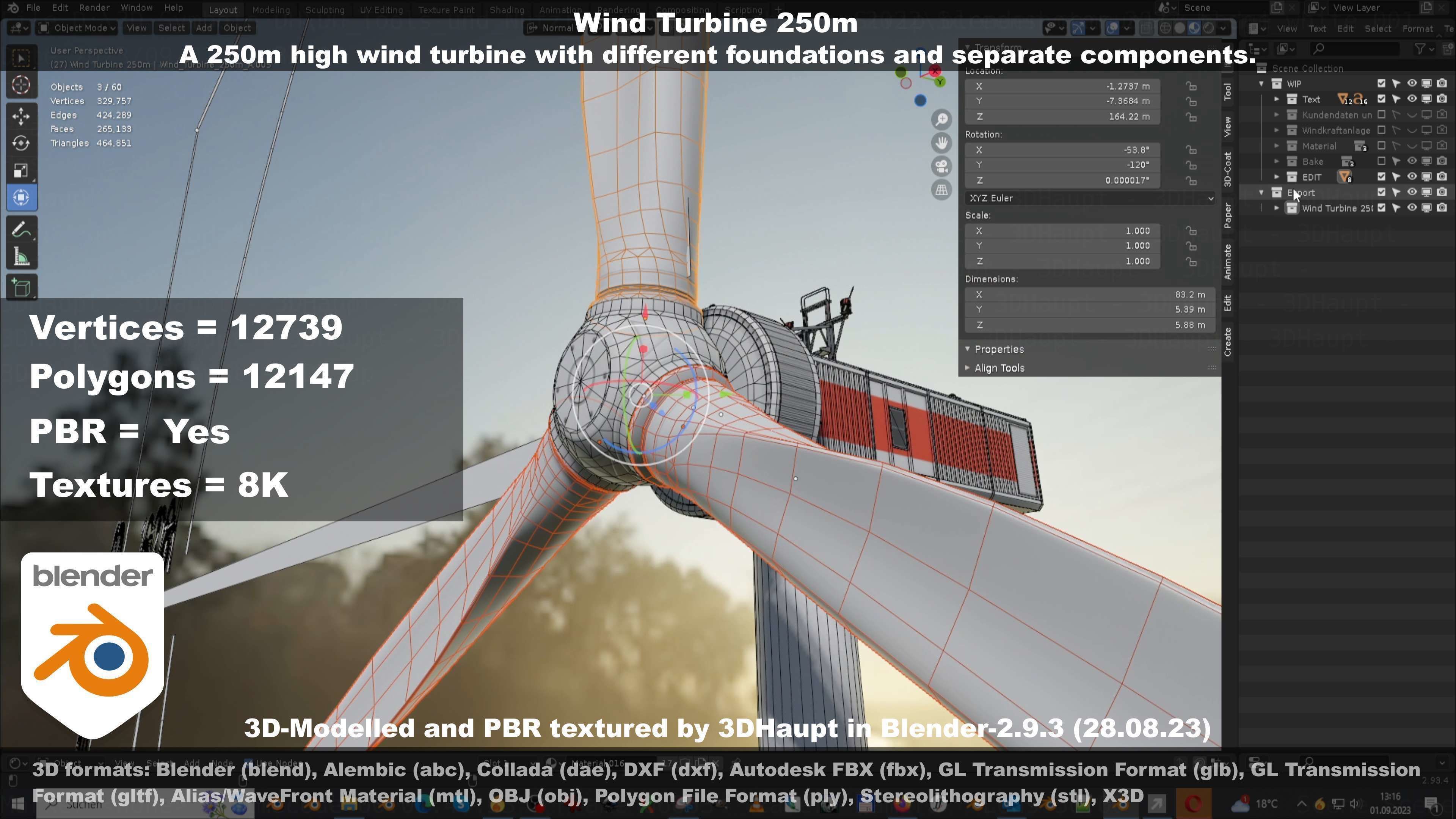 Low-Poly and Animated Wind Turbine 250m Low-poly 3D model_62