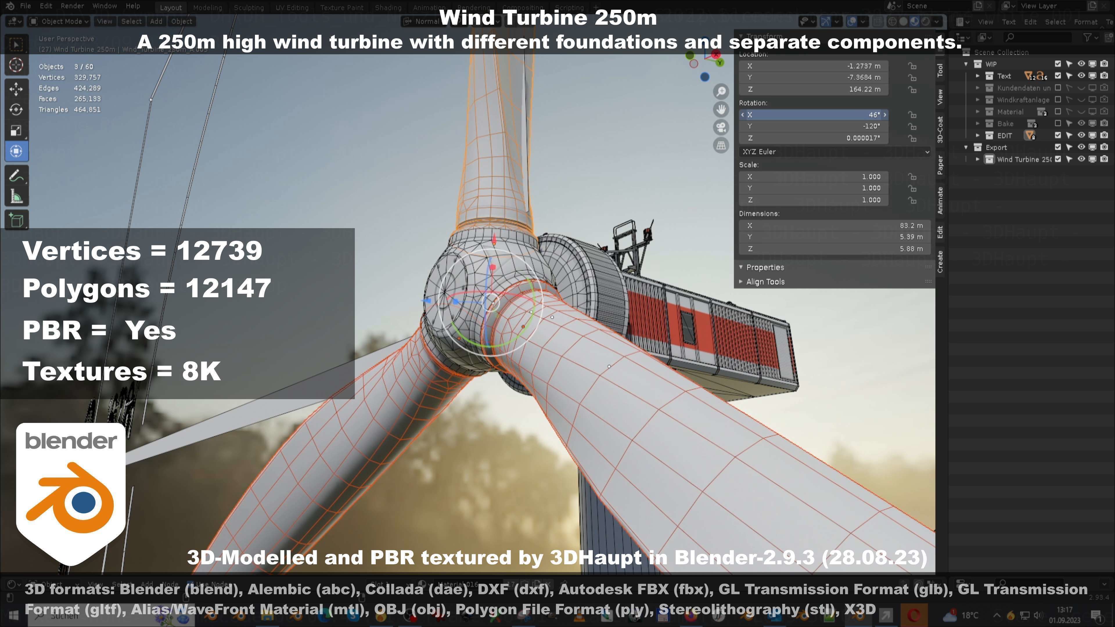 Low-Poly and Animated Wind Turbine 250m Low-poly 3D model_114