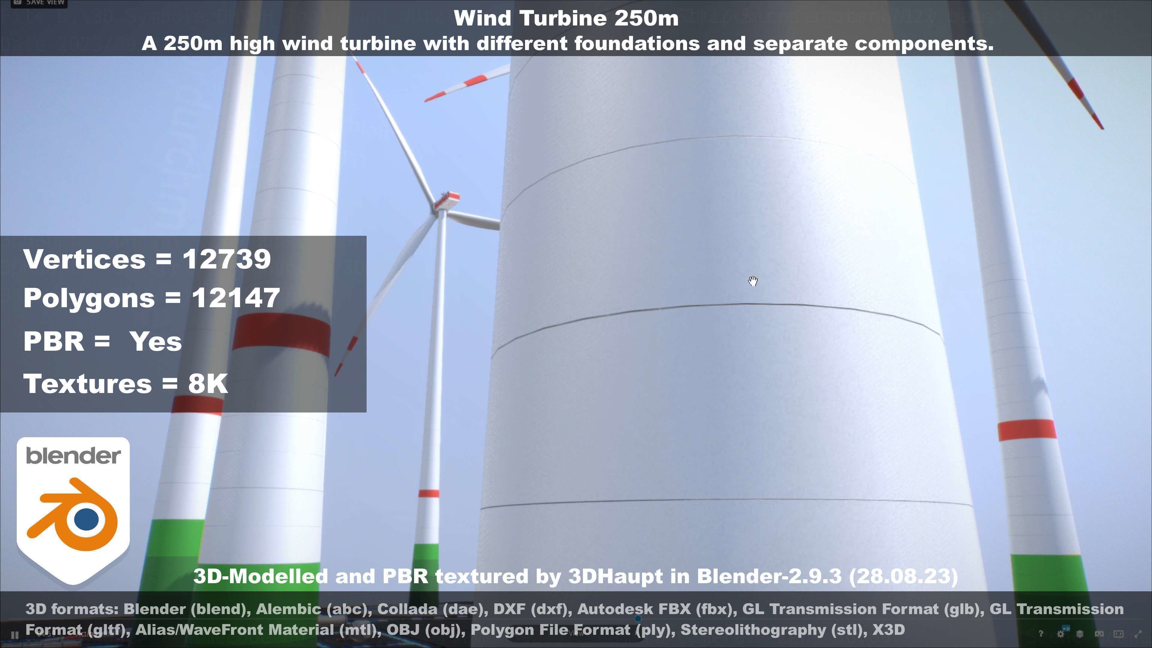 Low-Poly and Animated Wind Turbine 250m Low-poly 3D model_35