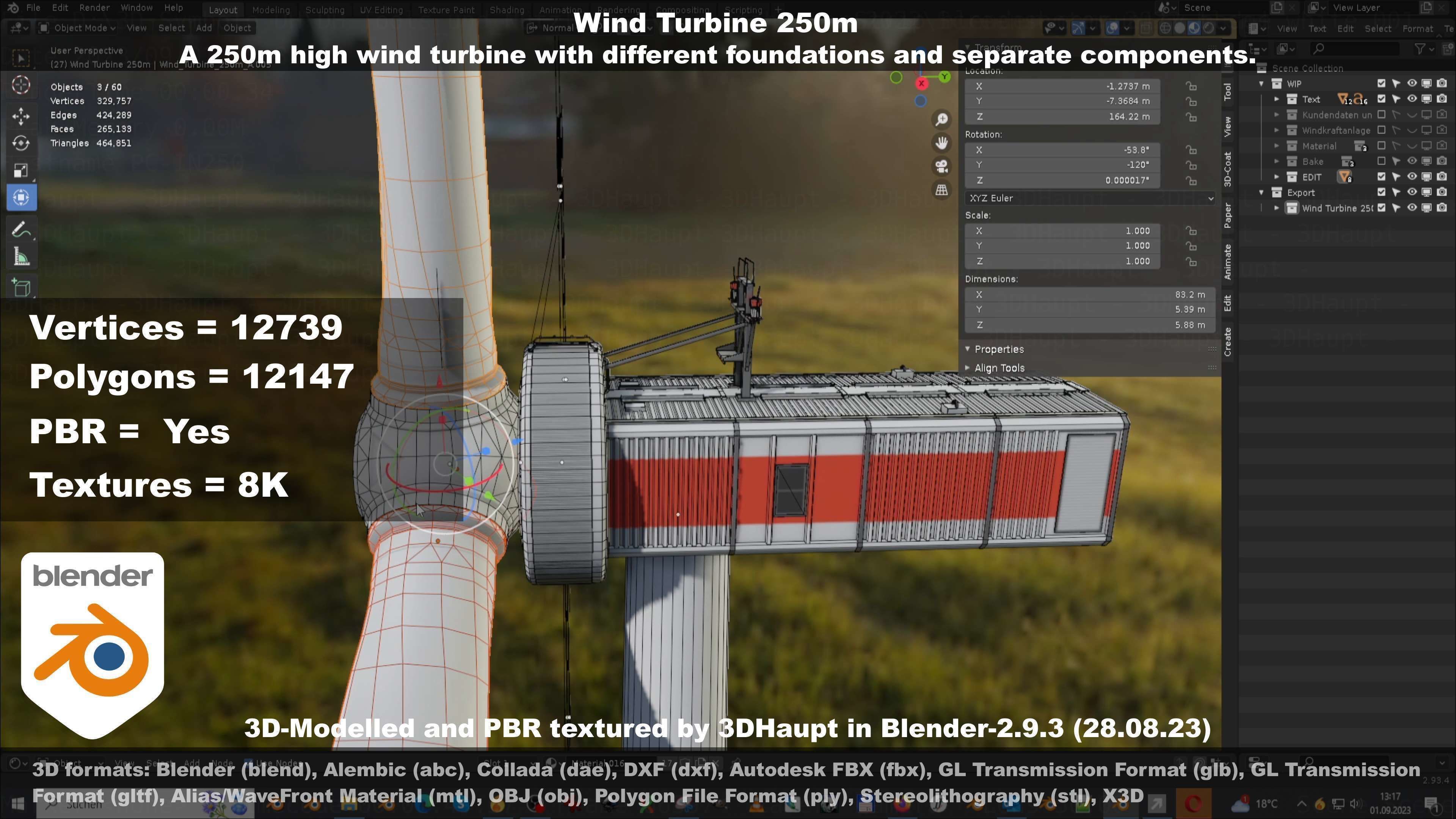 Low-Poly and Animated Wind Turbine 250m Low-poly 3D model_126