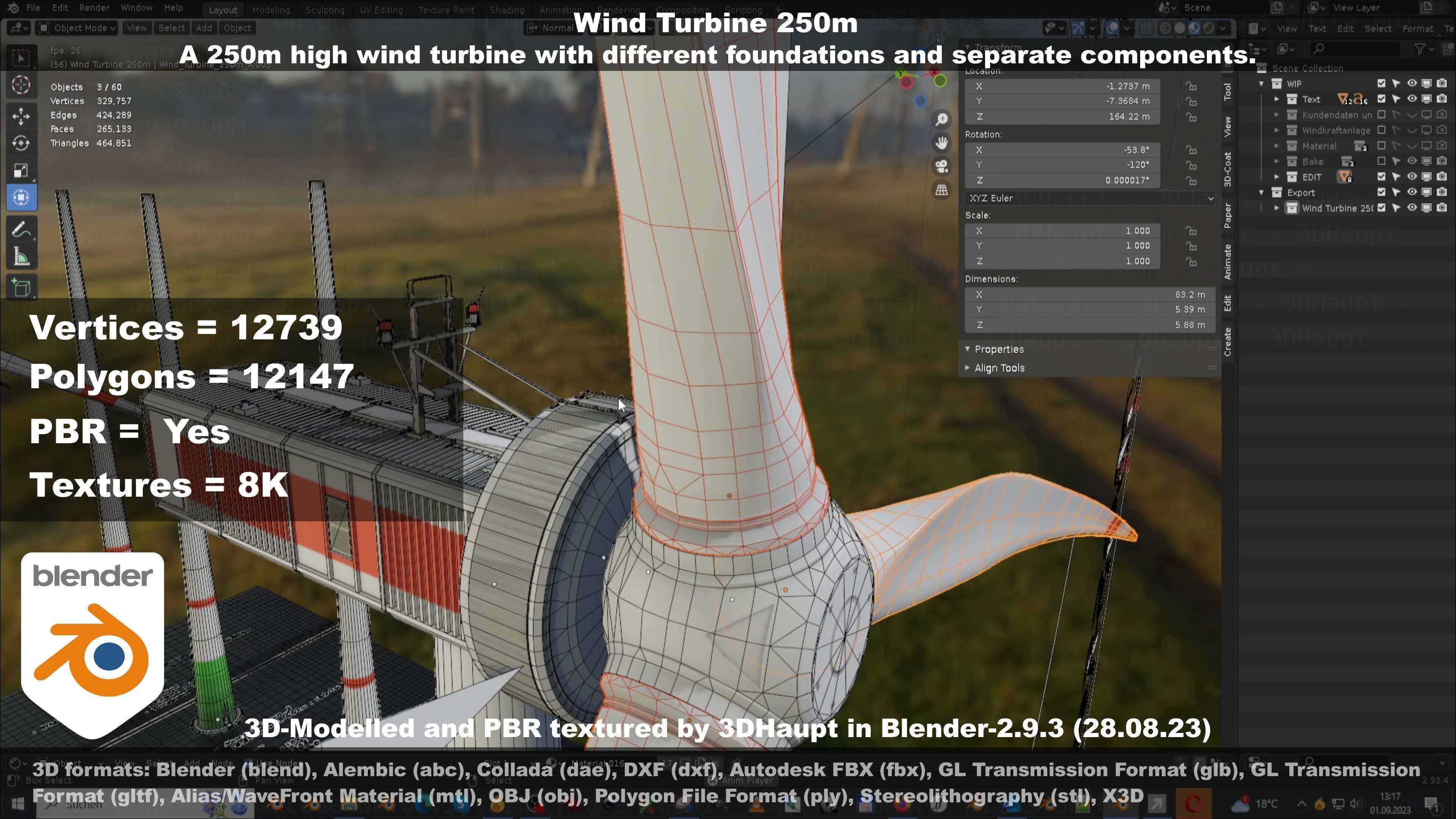 Low-Poly and Animated Wind Turbine 250m Low-poly 3D model_130