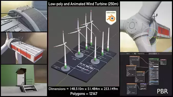 Low-Poly and Animated Wind Turbine 250m Low-poly 3D model