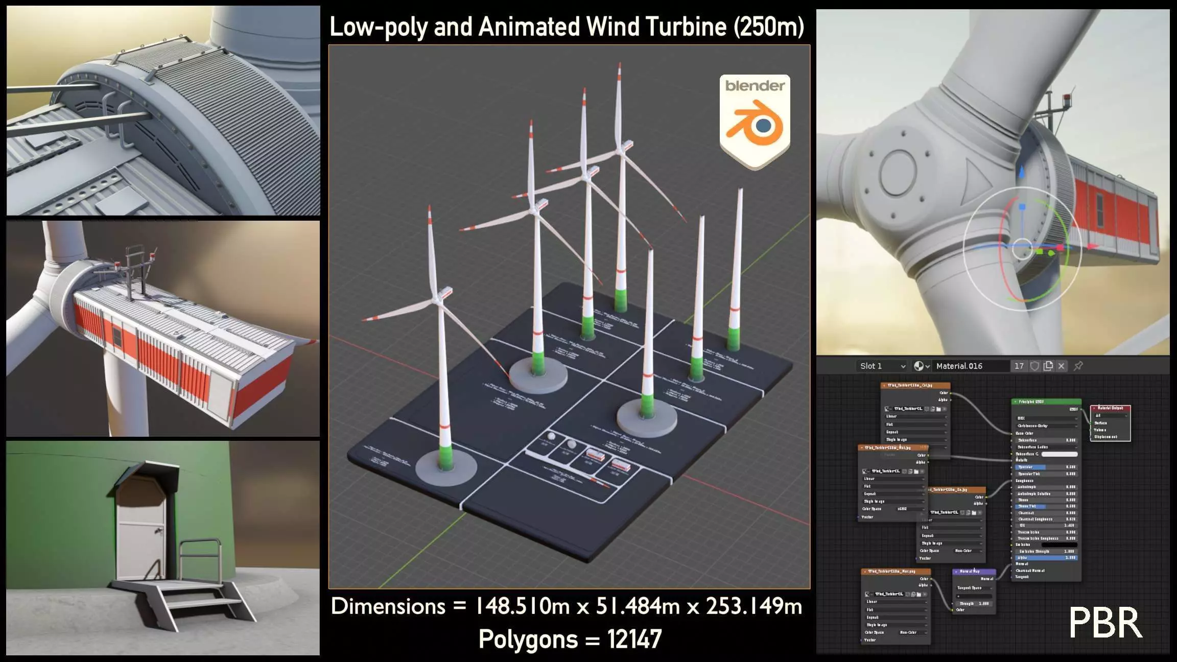 Low-Poly and Animated Wind Turbine 250m Low-poly 3D model_0