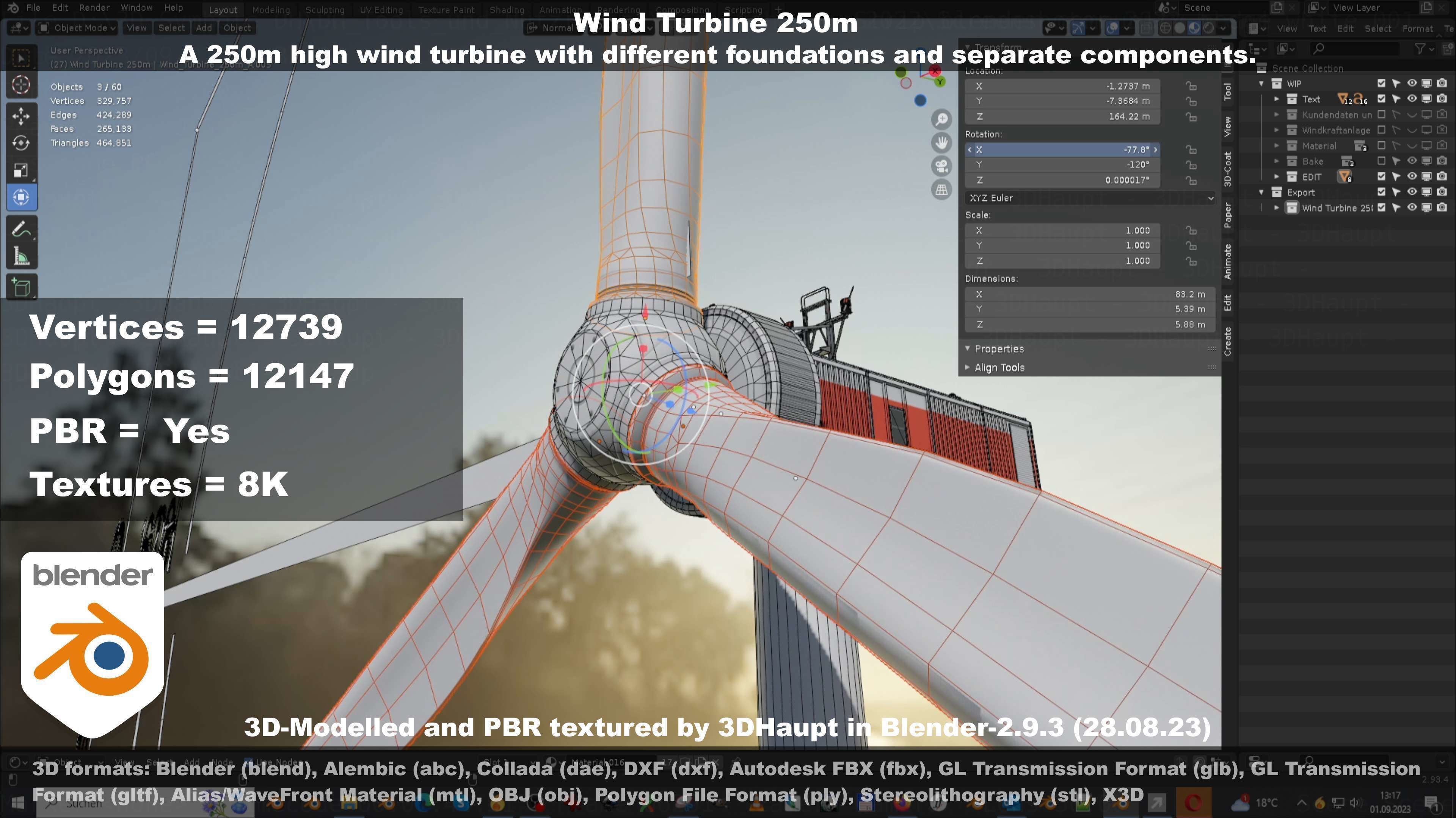 Low-Poly and Animated Wind Turbine 250m Low-poly 3D model_115