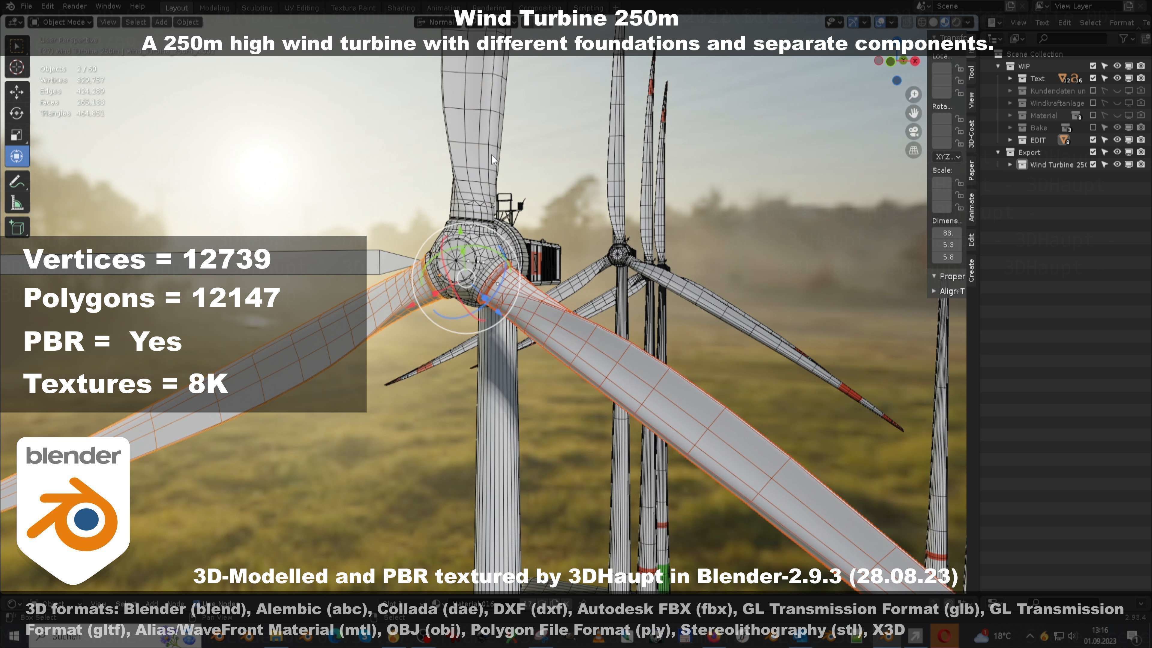 Low-Poly and Animated Wind Turbine 250m Low-poly 3D model_124