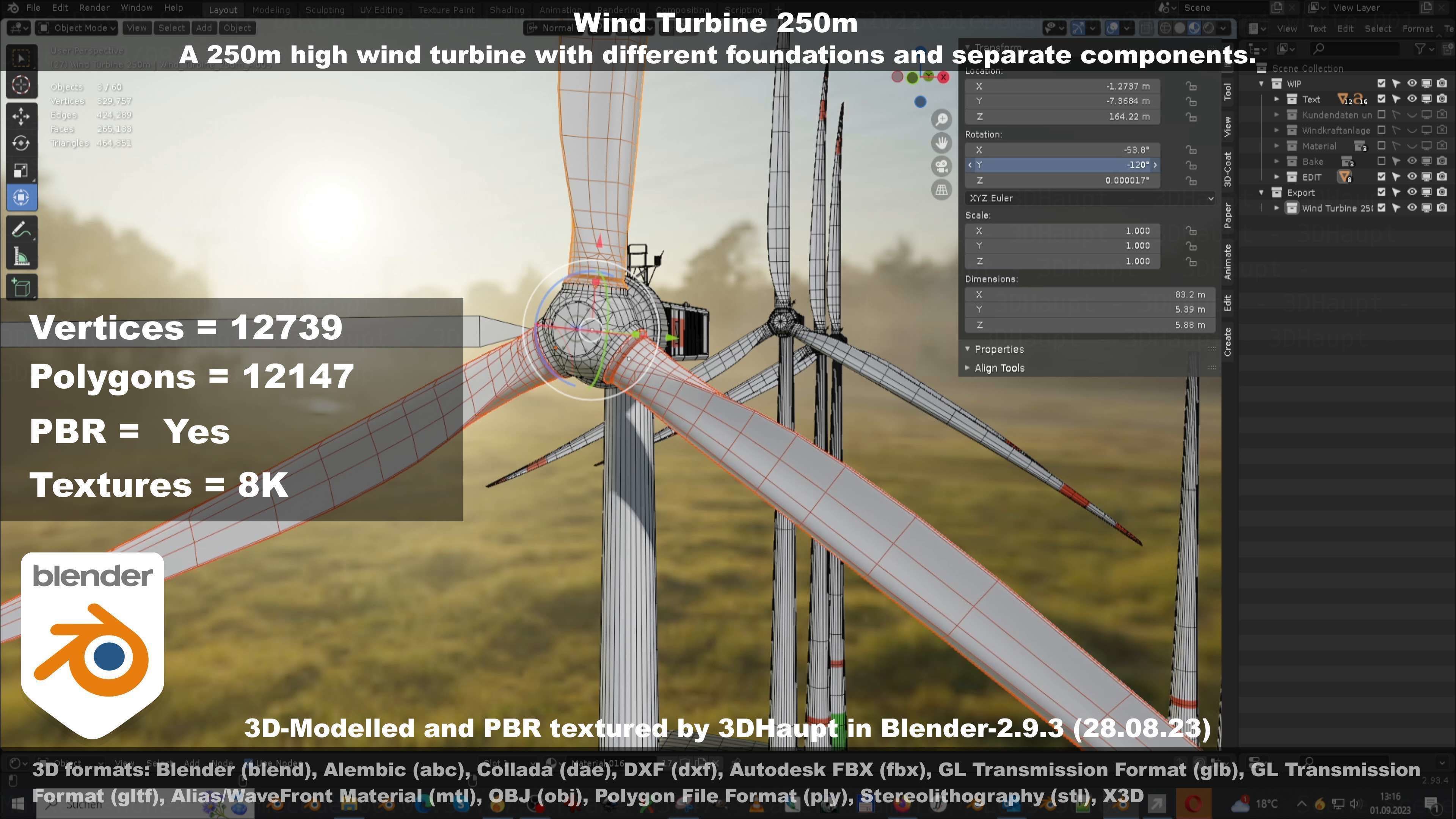 Low-Poly and Animated Wind Turbine 250m Low-poly 3D model_125