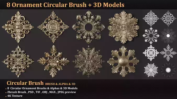 8 Ornament Circular 3Dmodel Brush alpha  3D model