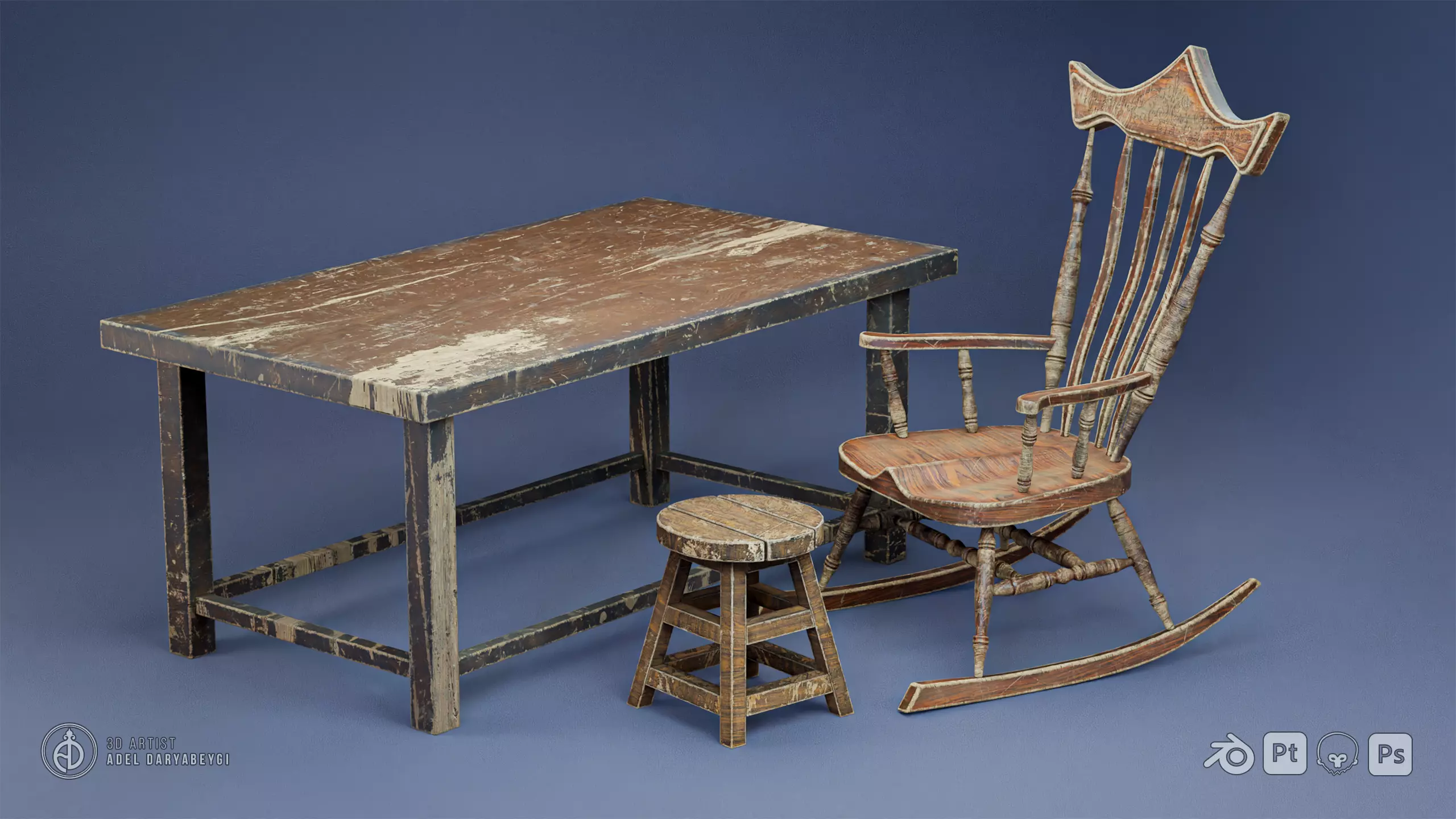 Old Chair-Old Stool and Old Table Free low-poly 3D model
