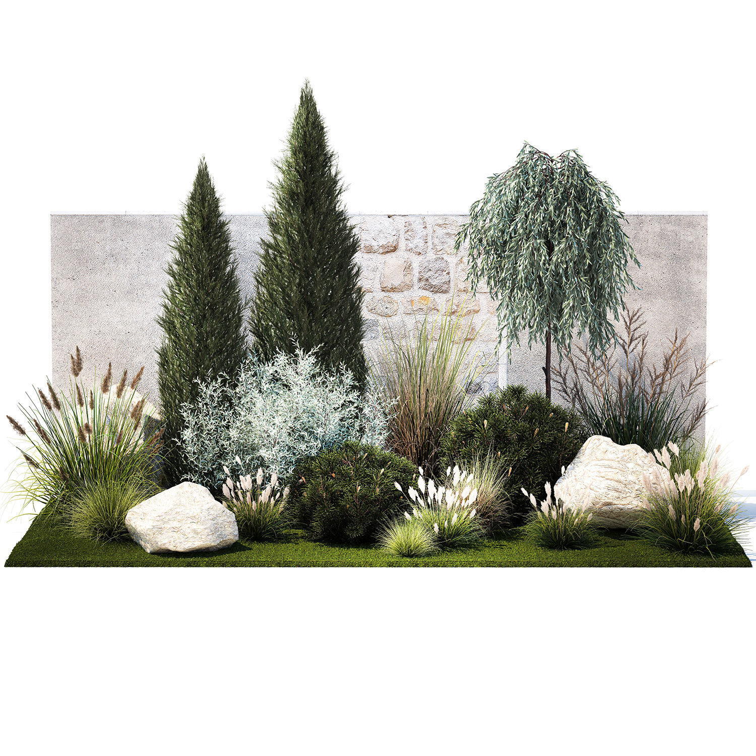 Garden trees thuja pine bushes olive feather grass grass 1390 3D model_7