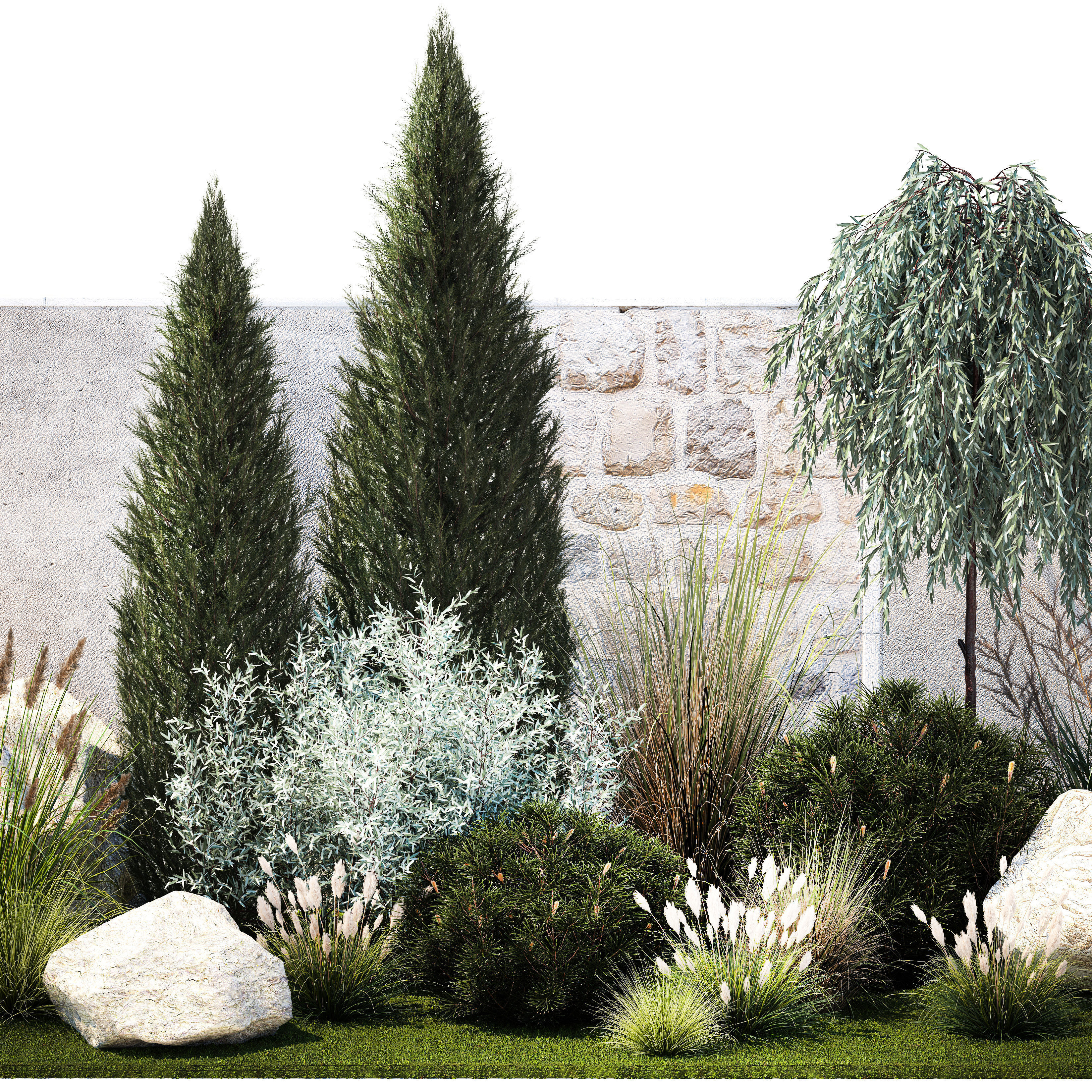 Garden trees thuja pine bushes olive feather grass grass 1390 3D model_9