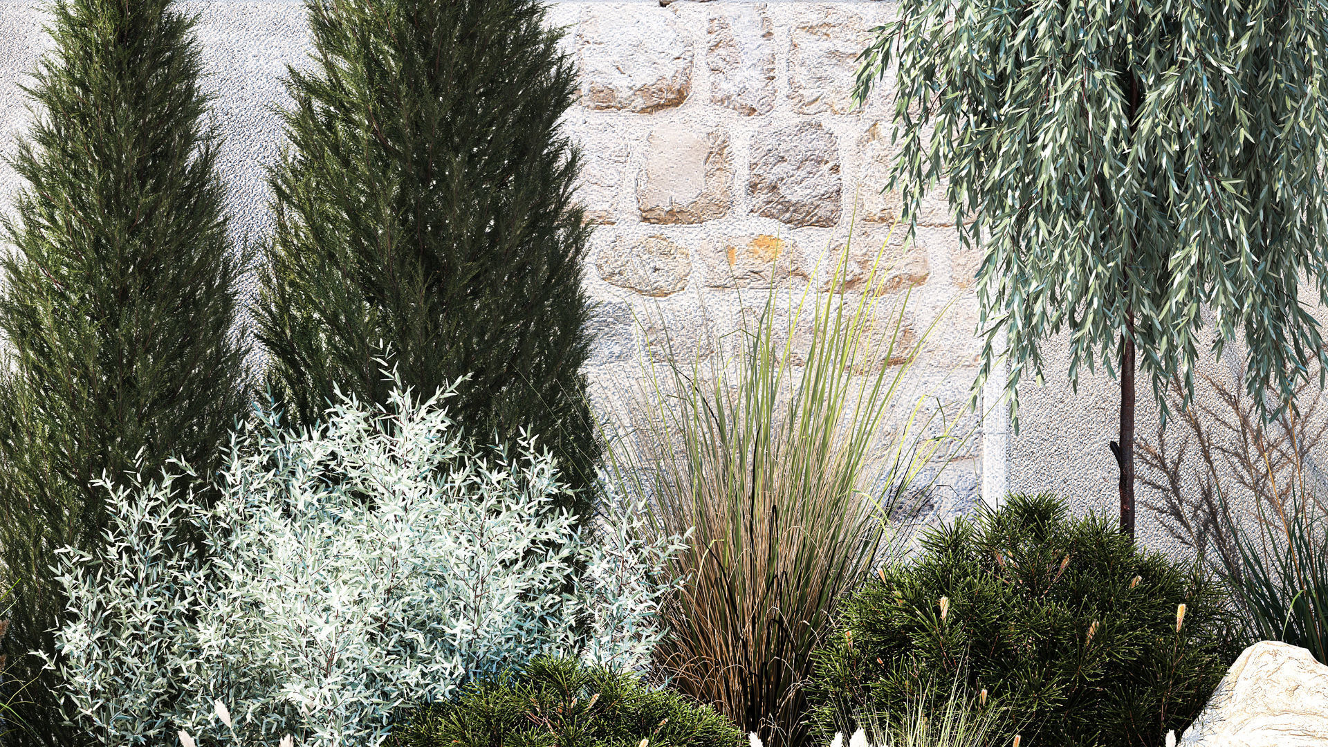 Garden trees thuja pine bushes olive feather grass grass 1390 3D model_2