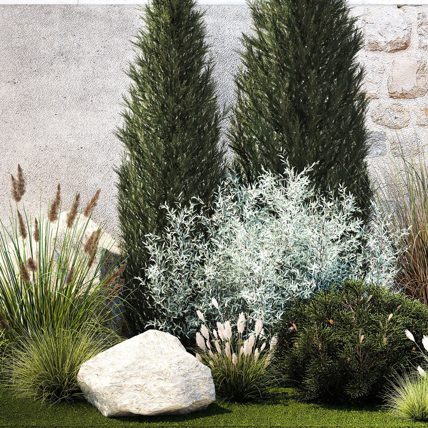 Garden trees thuja pine bushes olive feather grass grass 1390 3D model_11