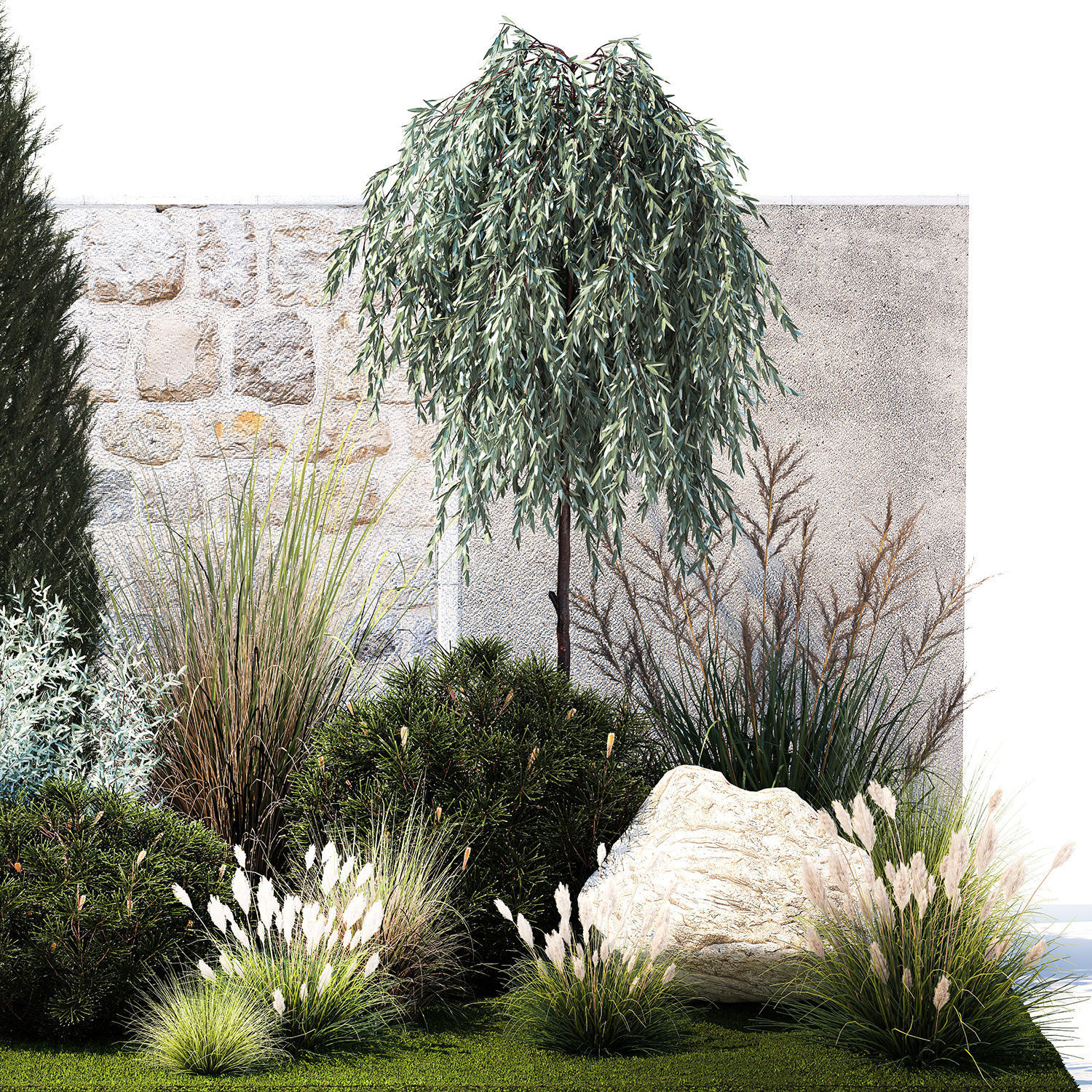 Garden trees thuja pine bushes olive feather grass grass 1390 3D model_10