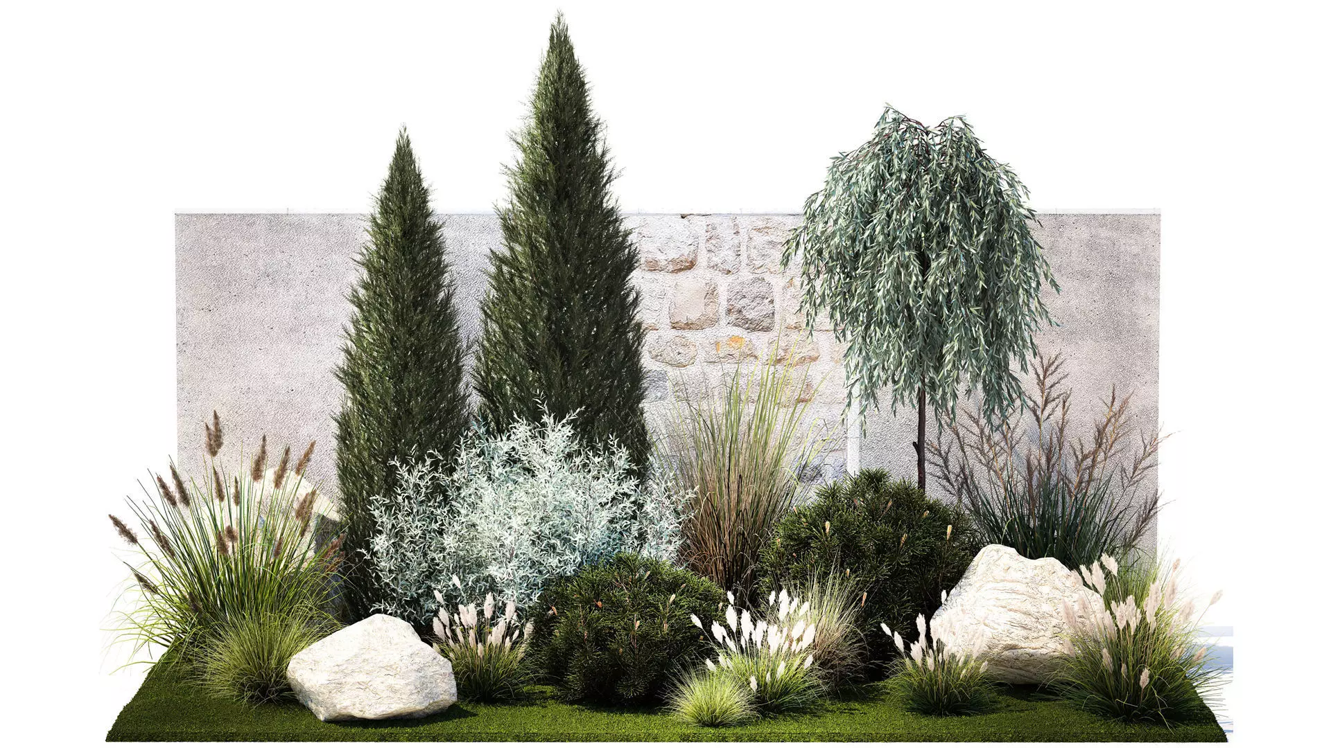 Garden trees thuja pine bushes olive feather grass grass 1390 3D model_0