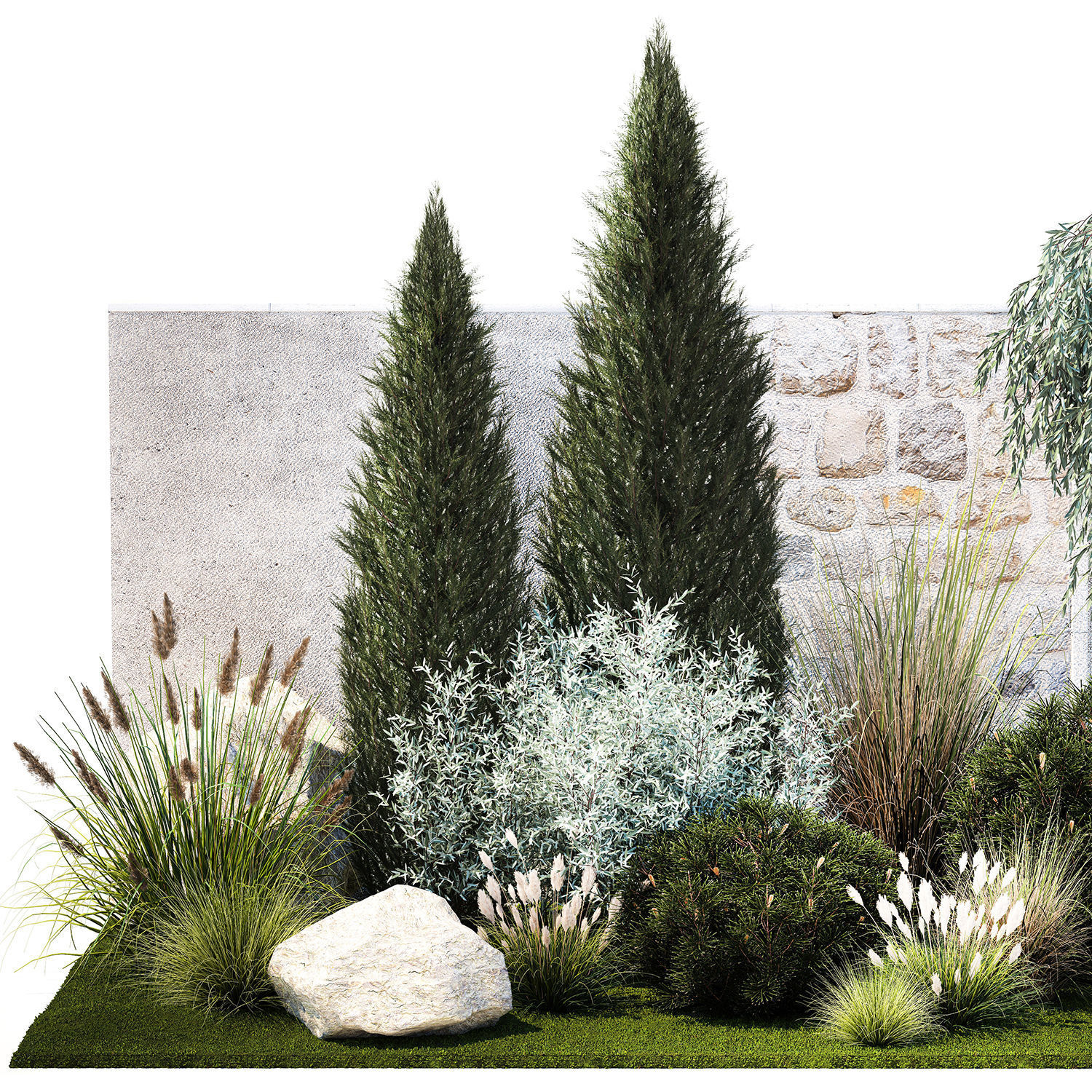 Garden trees thuja pine bushes olive feather grass grass 1390 3D model_8
