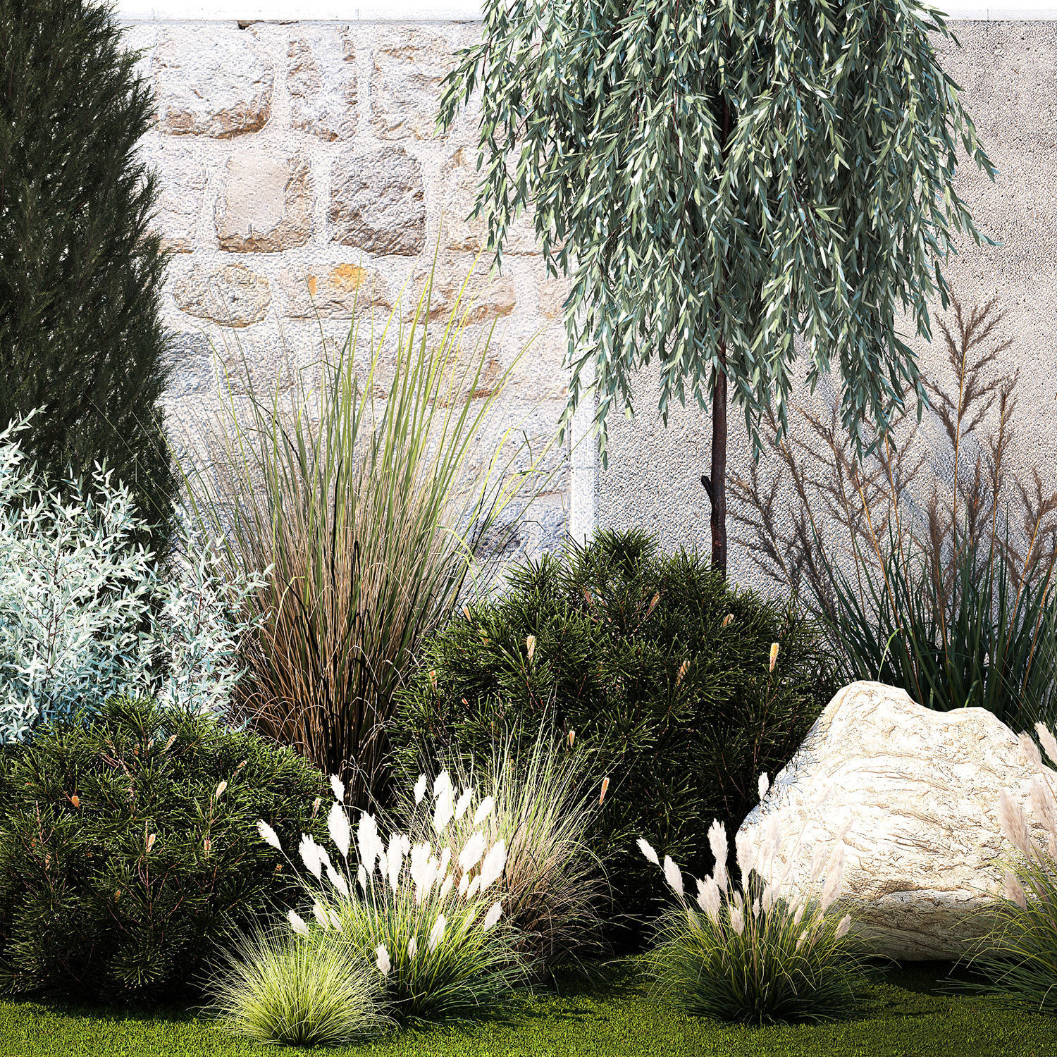 Garden trees thuja pine bushes olive feather grass grass 1390 3D model_12