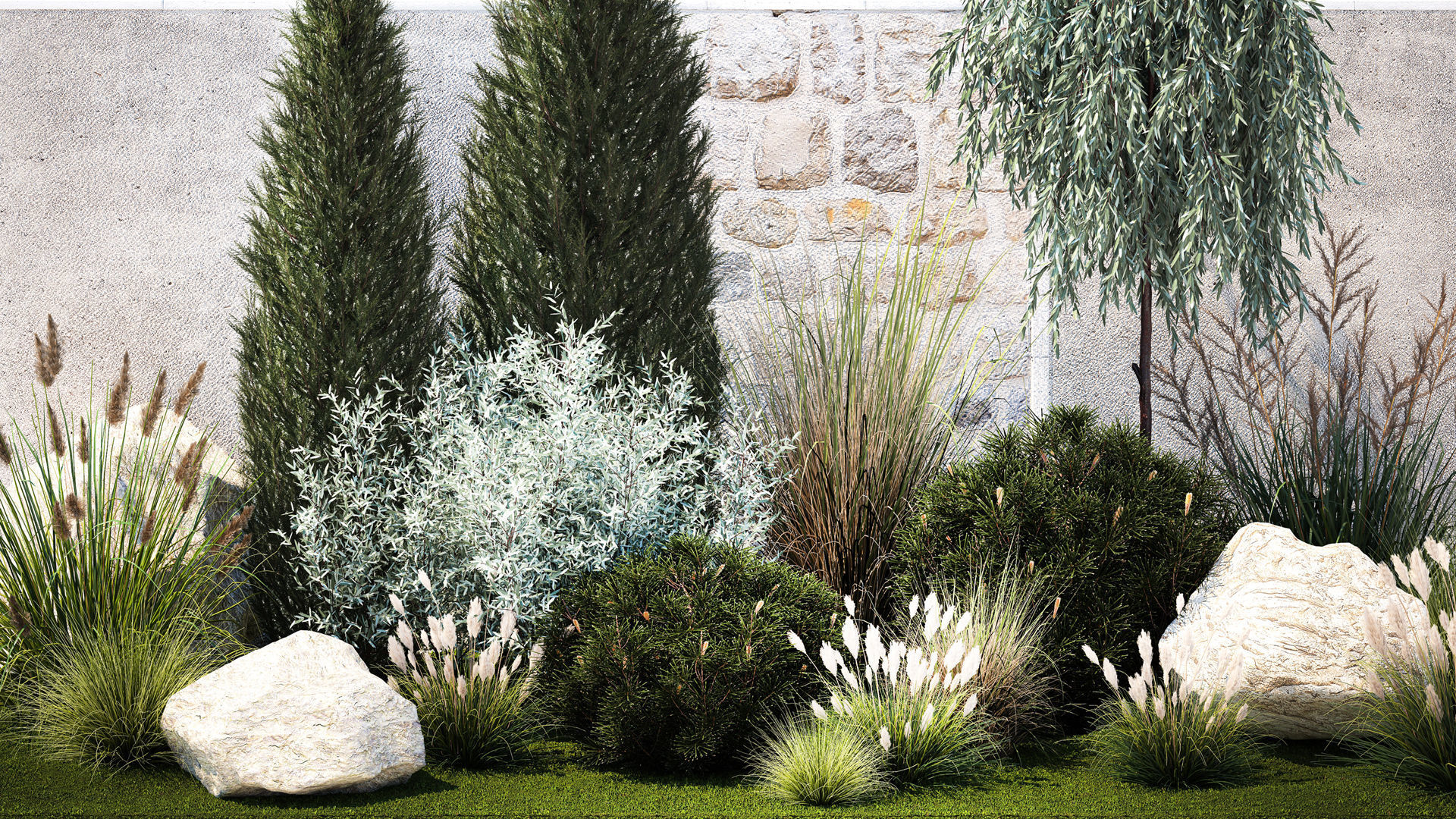 Garden trees thuja pine bushes olive feather grass grass 1390 3D model_1