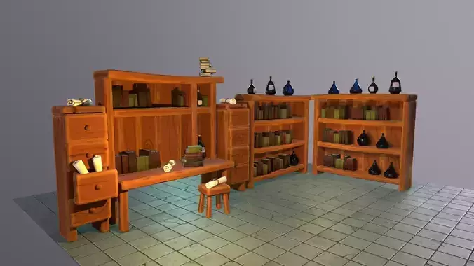 Stylized library game-ready fantasy medieval furniture and books Low-poly 3D model