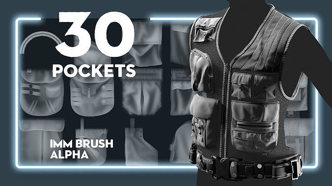30 Pockets imm brush alpha obj fbx Low-poly 3D model