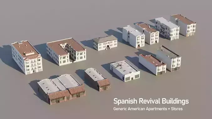 Spanish Revival - US West Coast California Buildings Low-poly 3D model