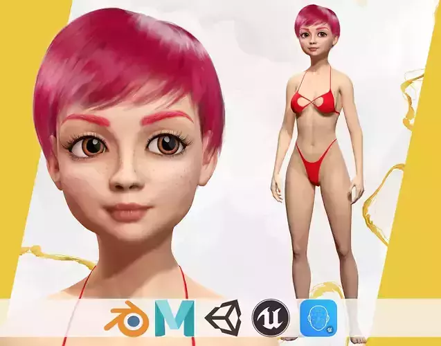 cute young woman red Low-poly 3D model
