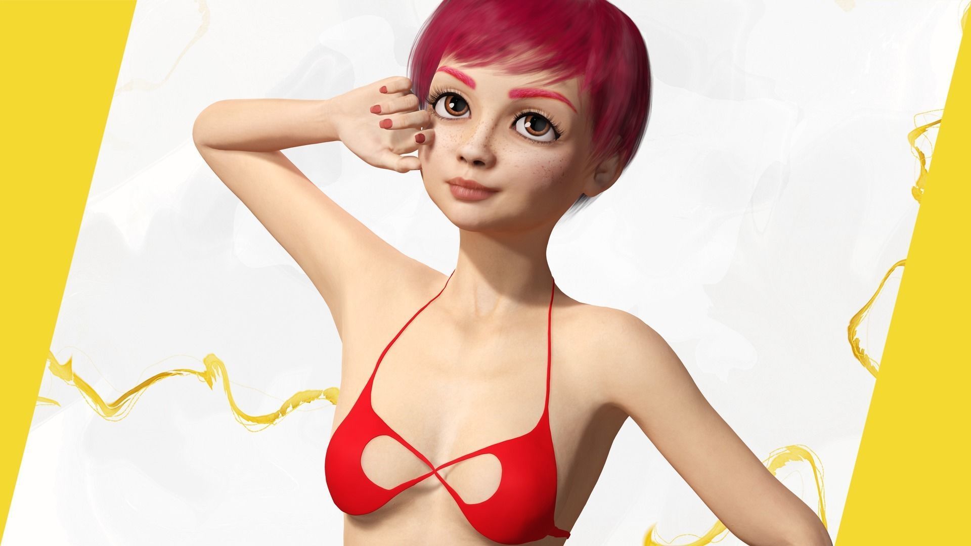 cute young woman red Low-poly 3D model_12