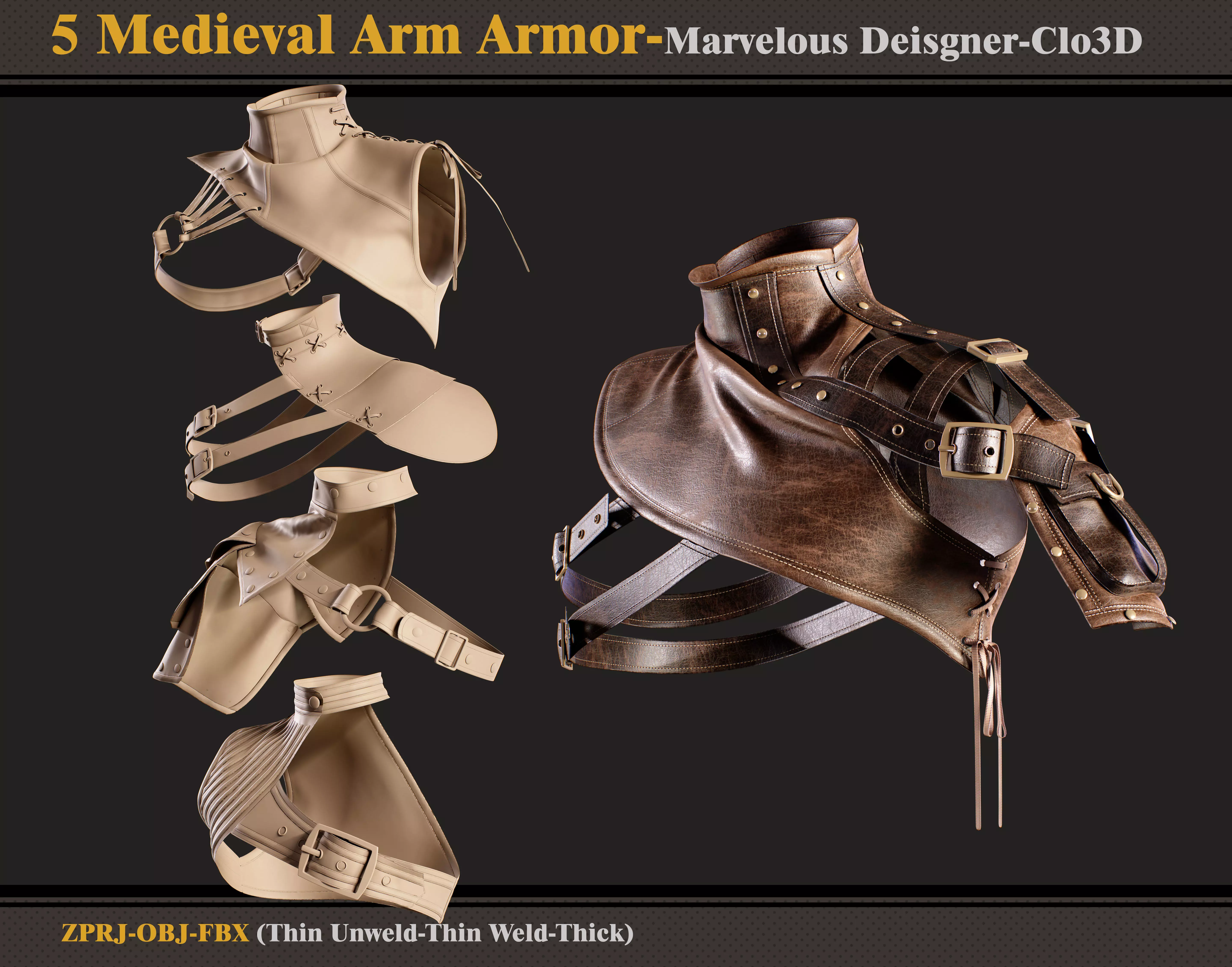 5 Medieval Arm Armor-Marvelous Designer-Clo3D -ZPRJ - FBX - OBJ 3D model