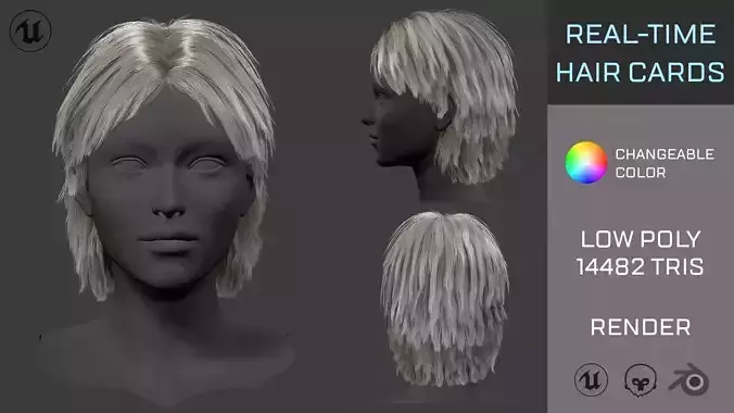 Real-Time Hair Cards - Short Shag Hairstyle Low-poly 3D model