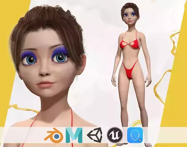 Stylized Cute woman  Low-poly 3D model