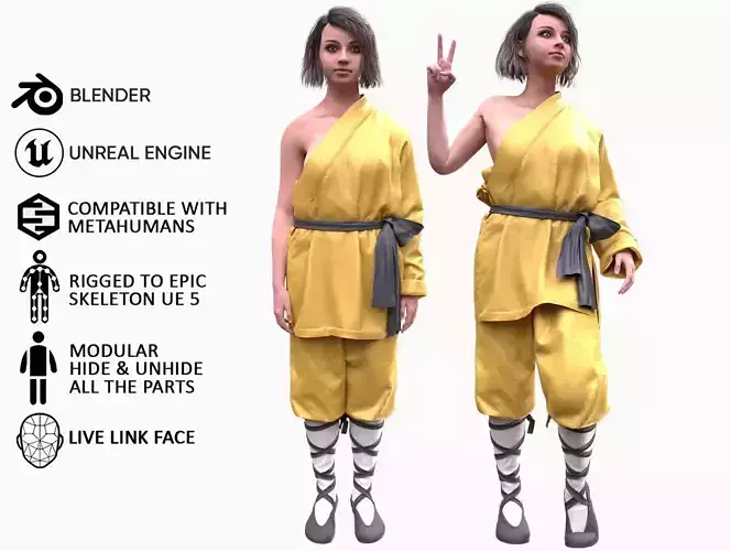 Woman in Martial Suit 3 - Modular - Rigged Low-poly 3D model