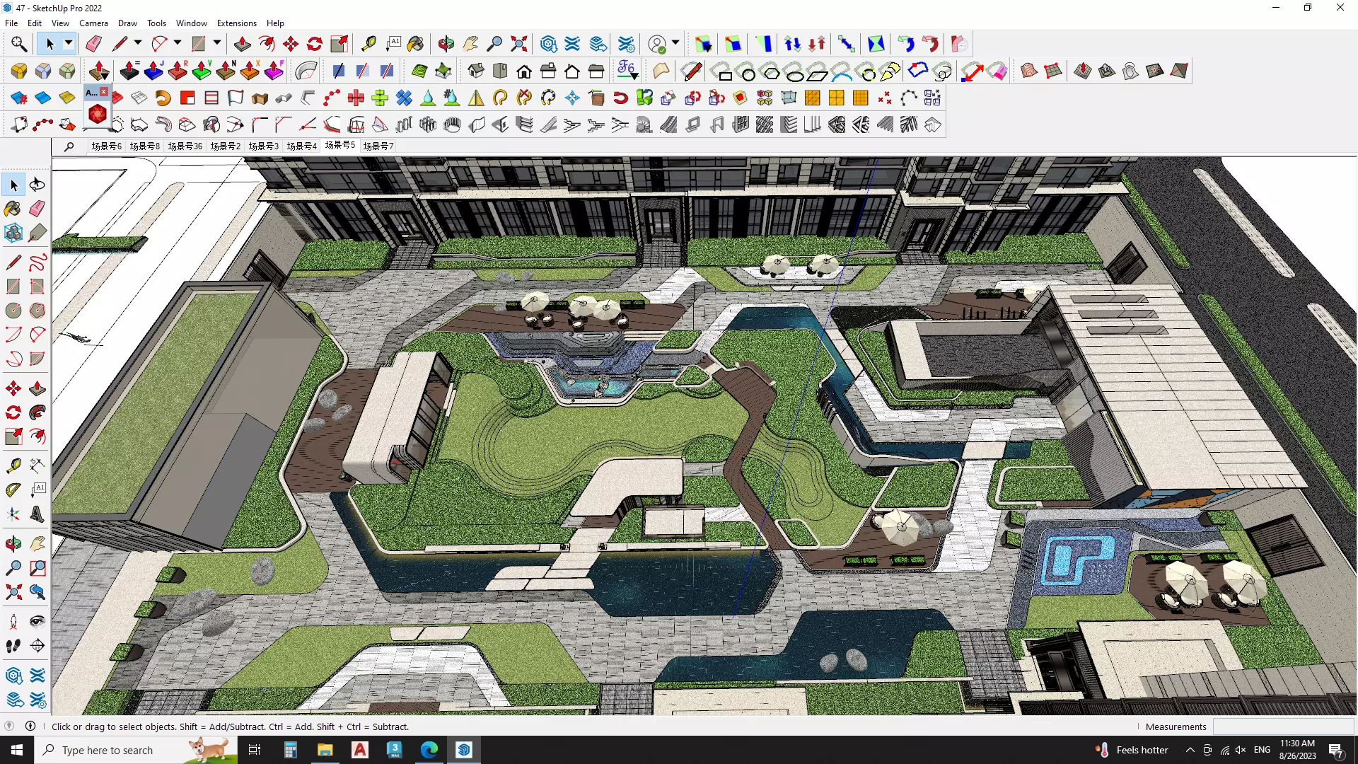 Aerial view of a landscape design with Apartment building 3D model_0