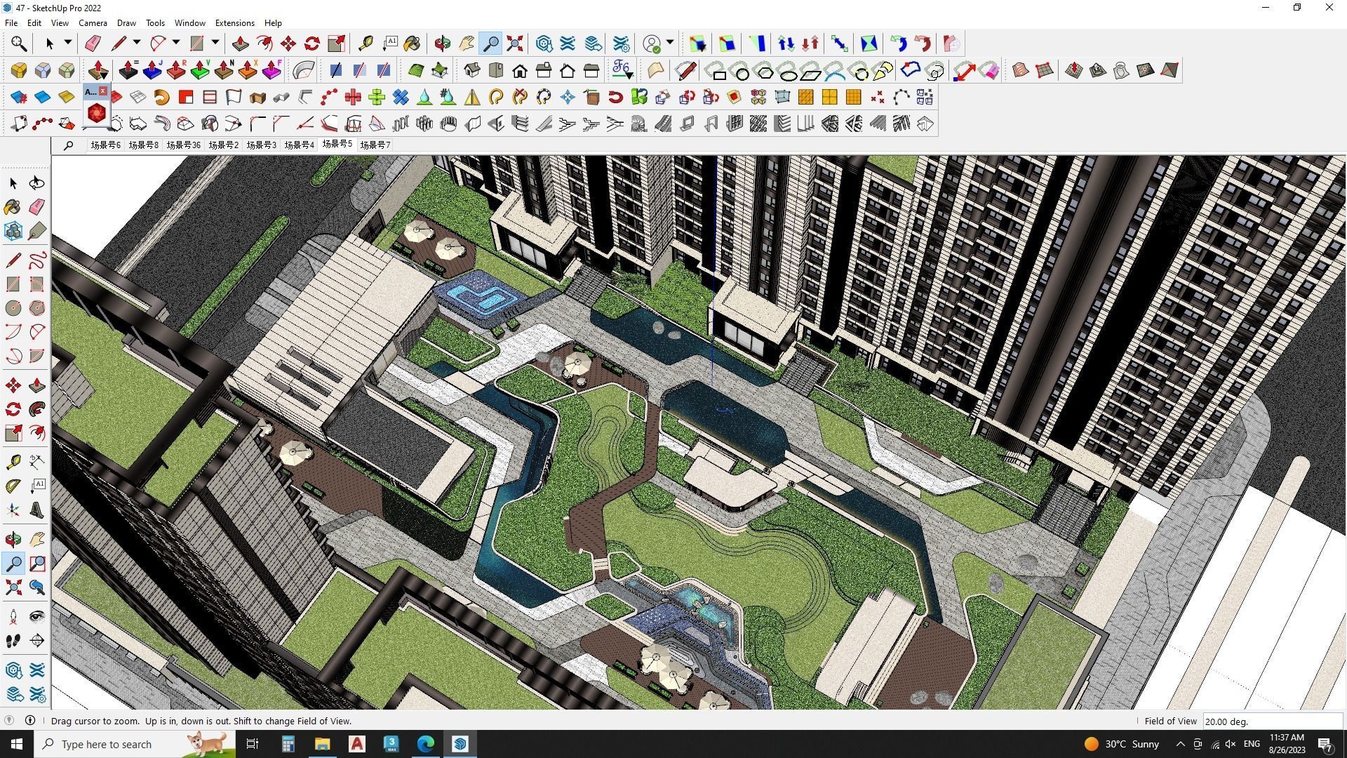 Aerial view of a landscape design with Apartment building 3D model_13