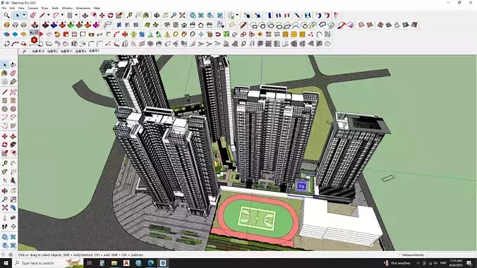 3D model of a complex of buildings and a soccer field