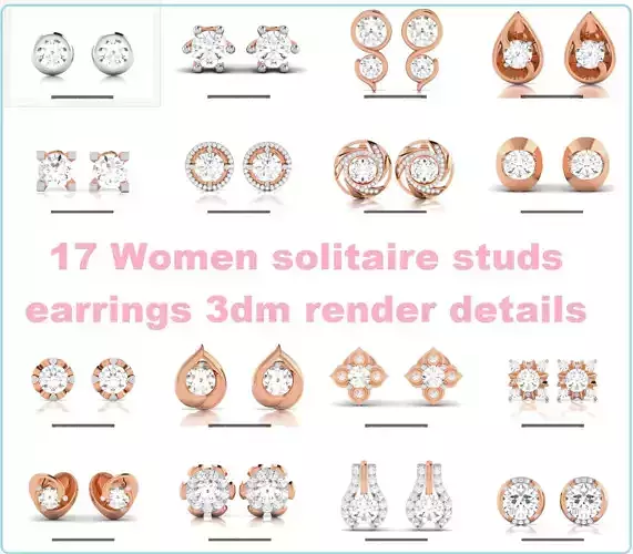 17 Women solitaire studs earrings 3dm render details 3D Model Collection