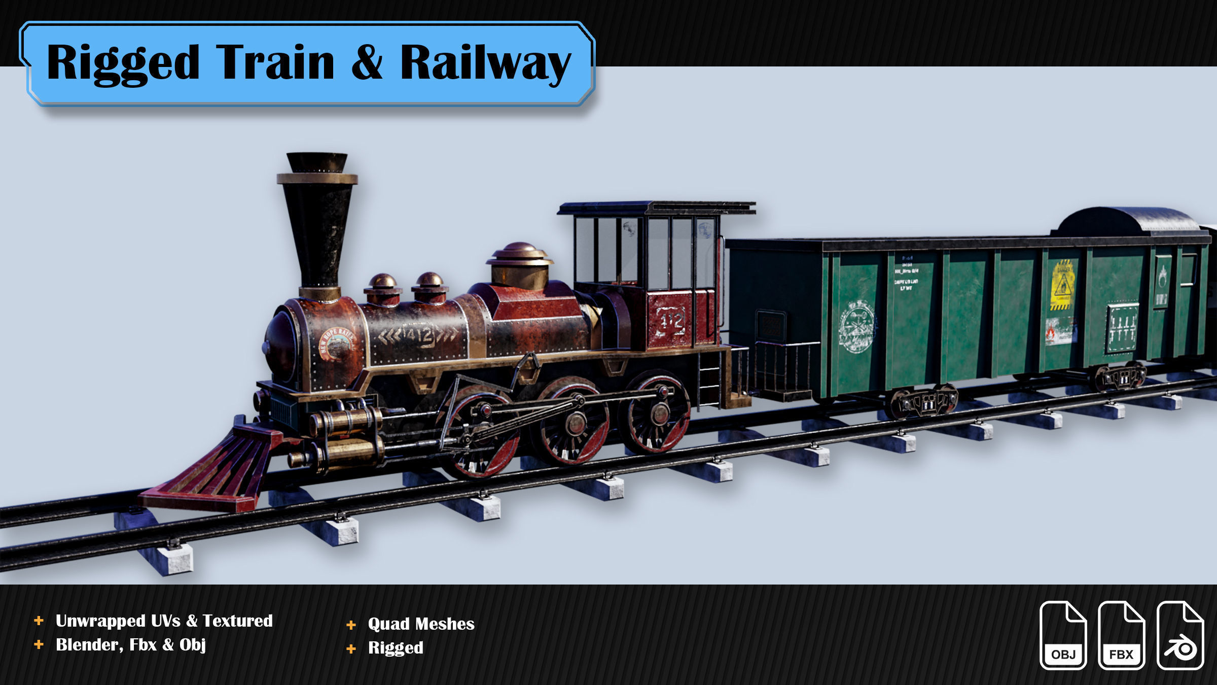 Rigged Train and Procedural Railway Low-poly 3D model_2