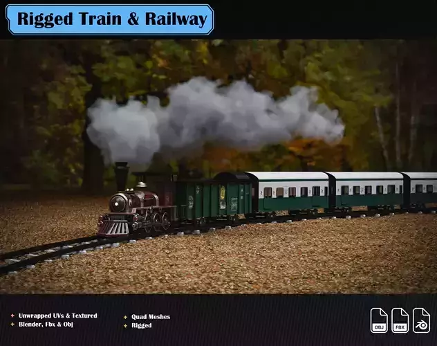 Rigged Train and Procedural Railway Low-poly 3D model