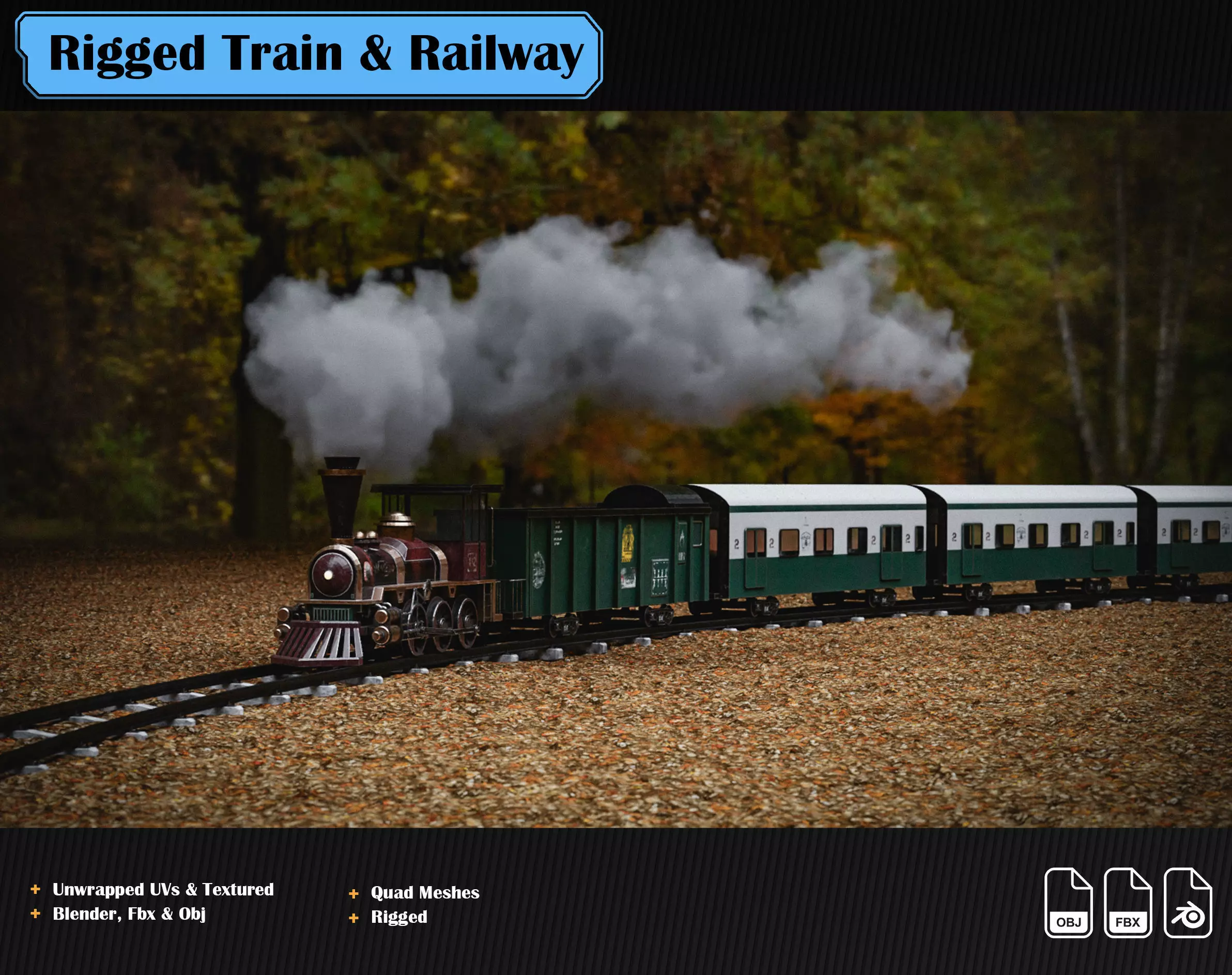 Rigged Train and Procedural Railway Low-poly 3D model_0