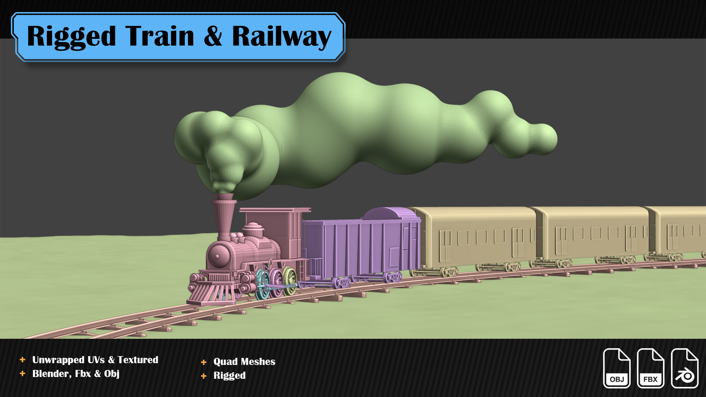Rigged Train and Procedural Railway Low-poly 3D model_5