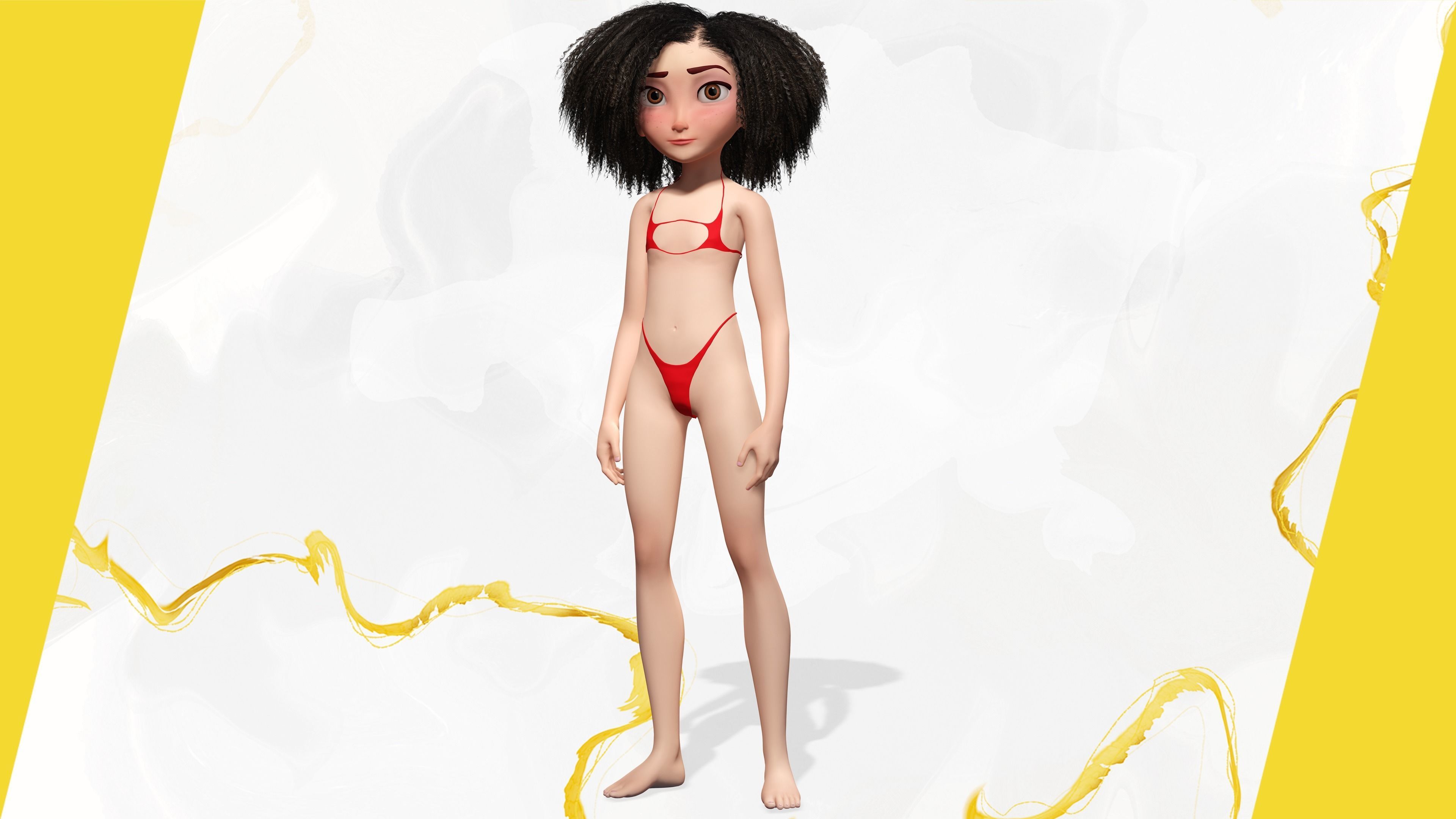 Stylized  Girl curly hair Female Low-poly 3D model_4