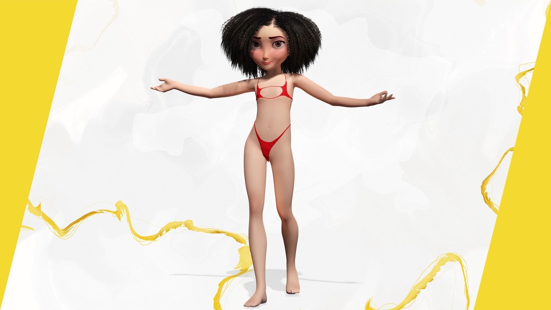 Stylized  Girl curly hair Female Low-poly 3D model_7
