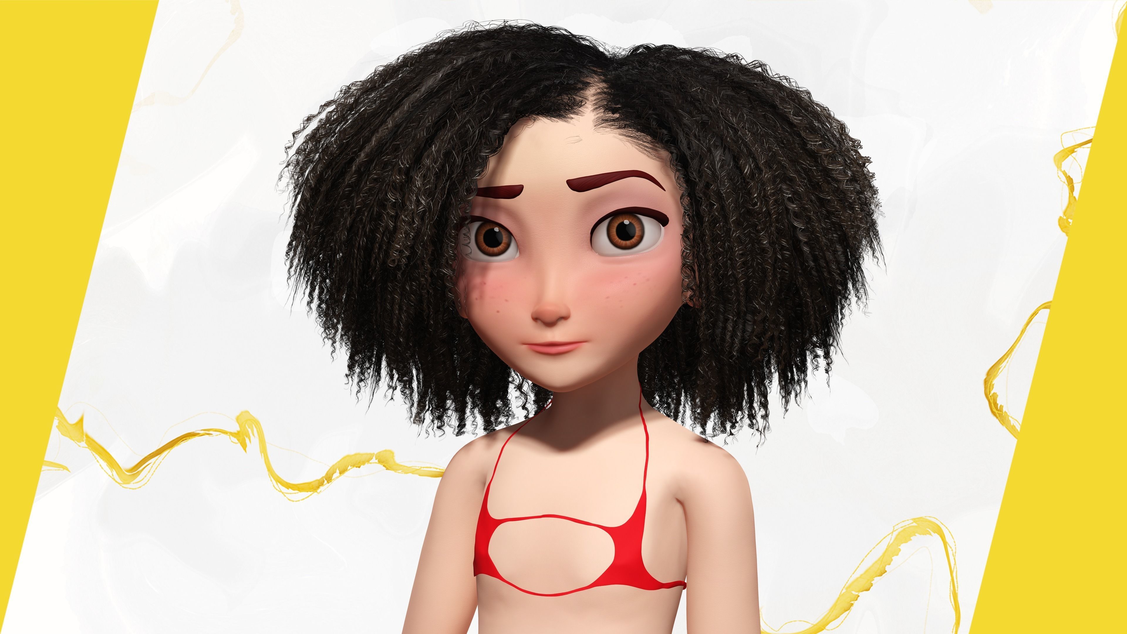 Stylized  Girl curly hair Female Low-poly 3D model_2