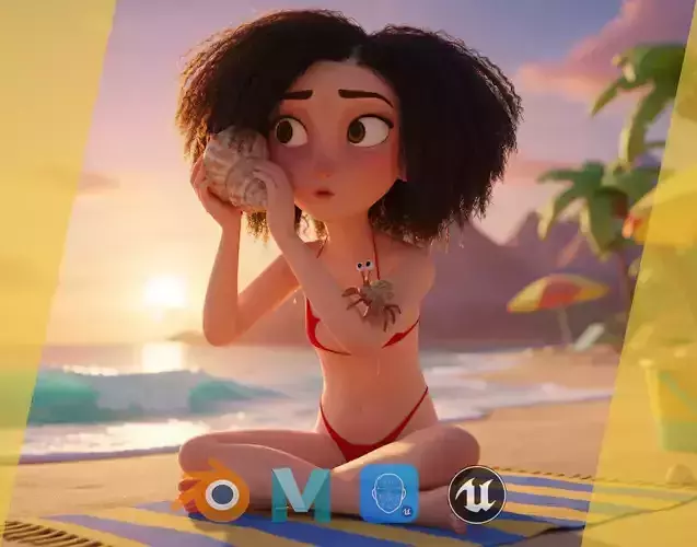 Stylized  Girl curly hair Female Low-poly 3D model